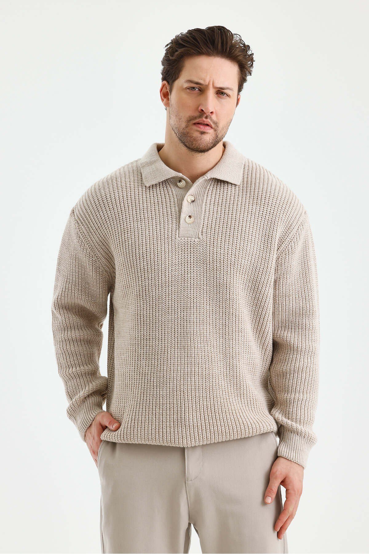 Tarz CoolKazakTRZ19186R02-3Erkek Düğmeli Regular Polo Yaka Triko Kazak