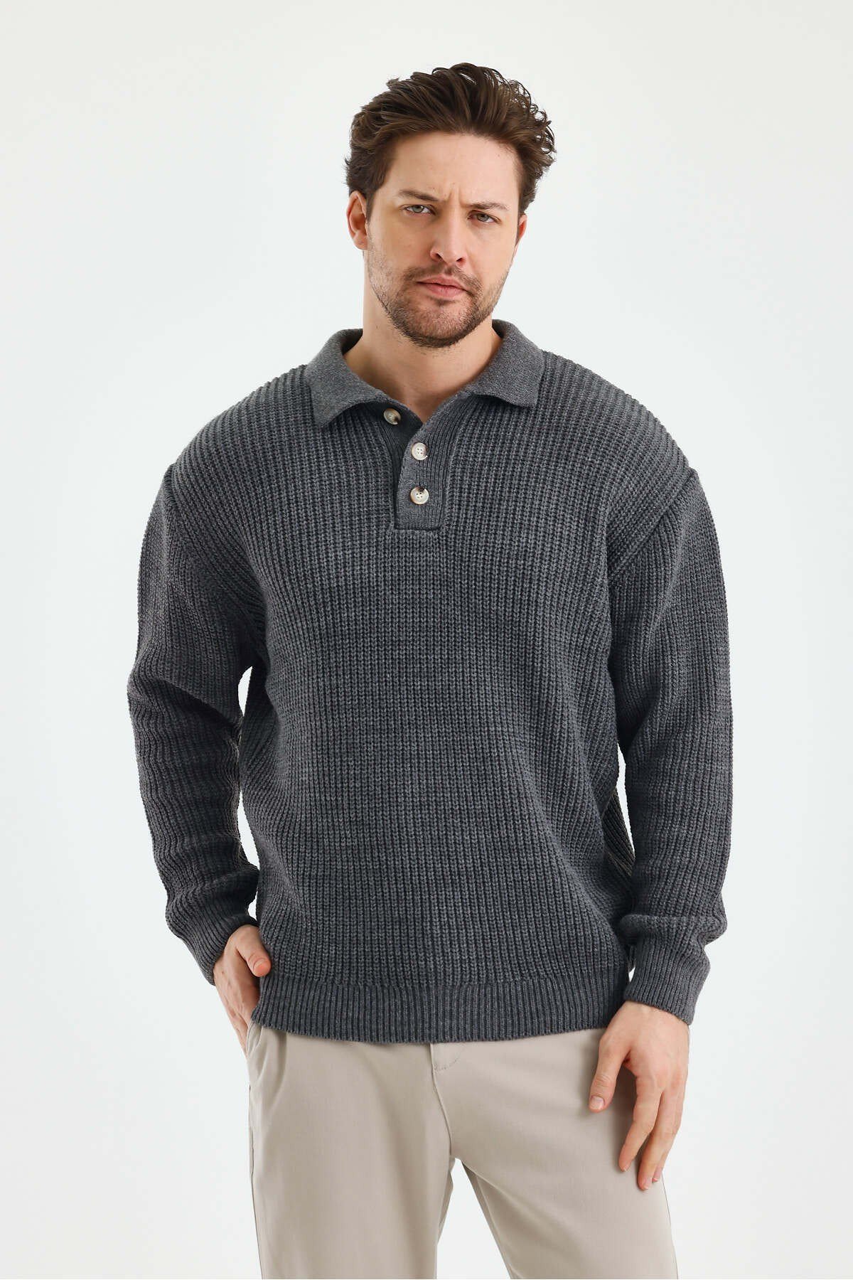 Tarz CoolKazakTRZ19186R02-3Erkek Düğmeli Regular Polo Yaka Triko Kazak