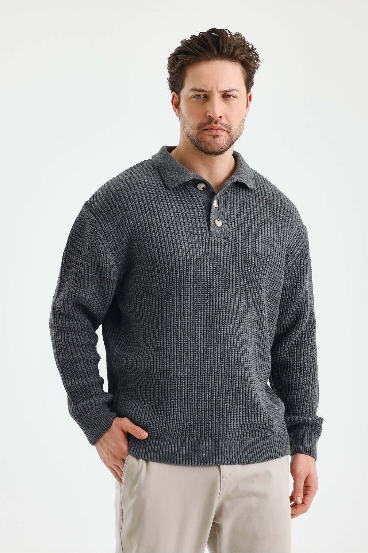 Tarz CoolKazakTRZ19186R02-3Erkek Düğmeli Regular Polo Yaka Triko Kazak