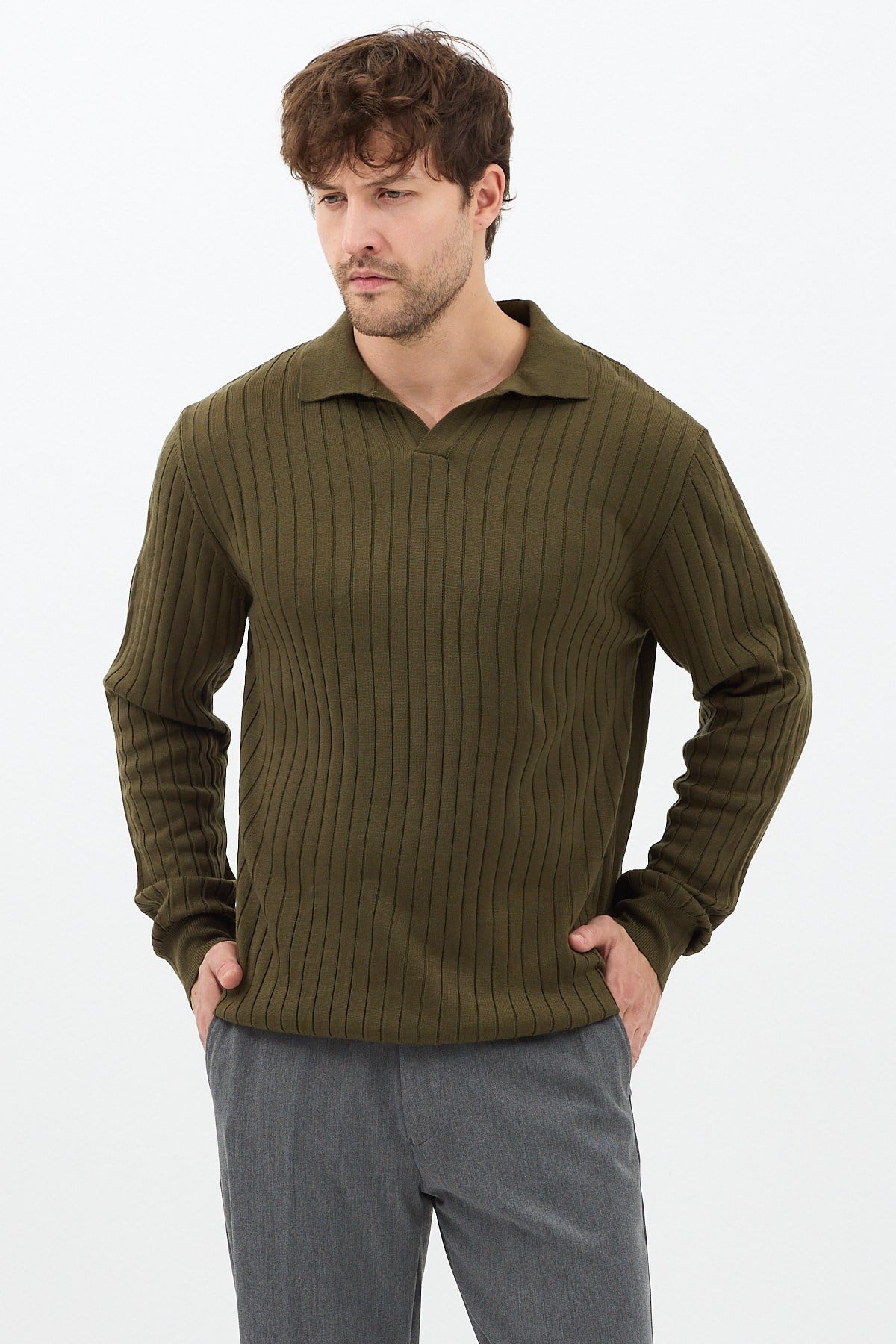 Tarz CoolKazakTRZ29168R04Erkek Slim Fit Uzun Kollu Polo Yaka Triko Kazak