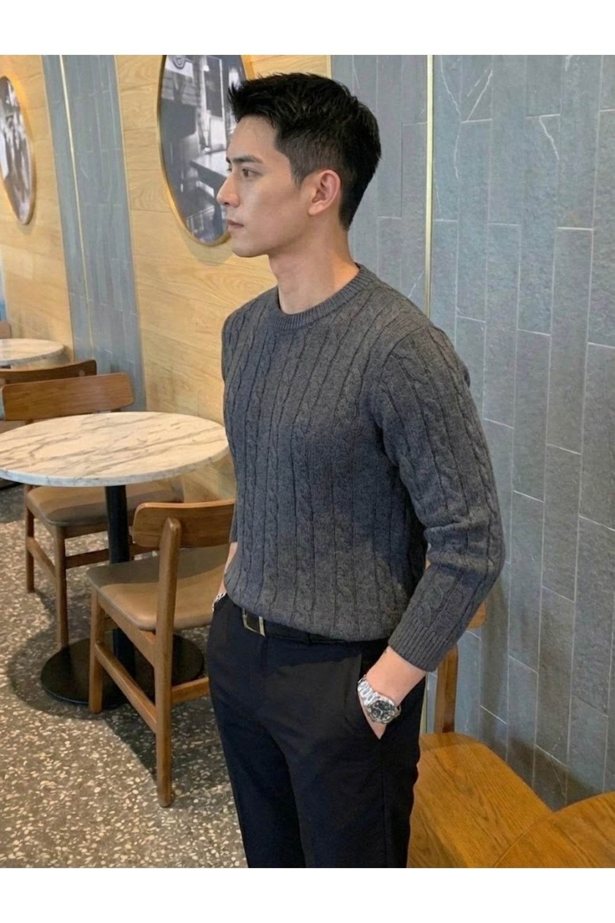 Tarz CoolKazakTRZ3168R05Erkek Bisiklet Yaka Slim Fit Saç Örgülü Triko Kazak
