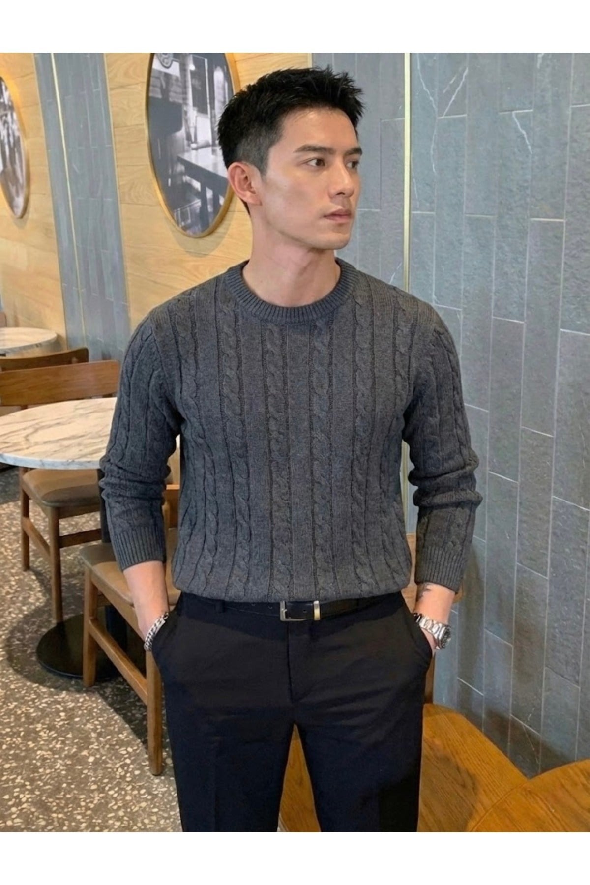 Tarz CoolKazakTRZ3168R05Erkek Bisiklet Yaka Slim Fit Saç Örgülü Triko Kazak