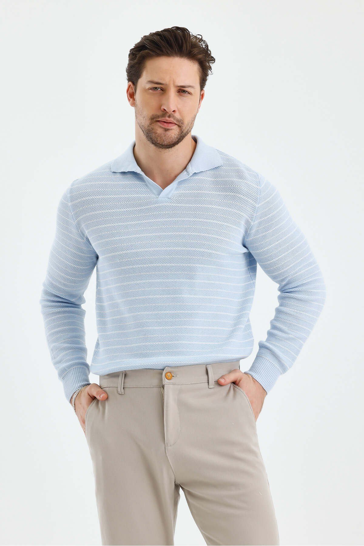 Tarz CoolKazakTZ18132R07-4Erkek Patlı Slim Fit Çizgi Detaylı Uzun Kollu Polo Yaka Triko Kazak