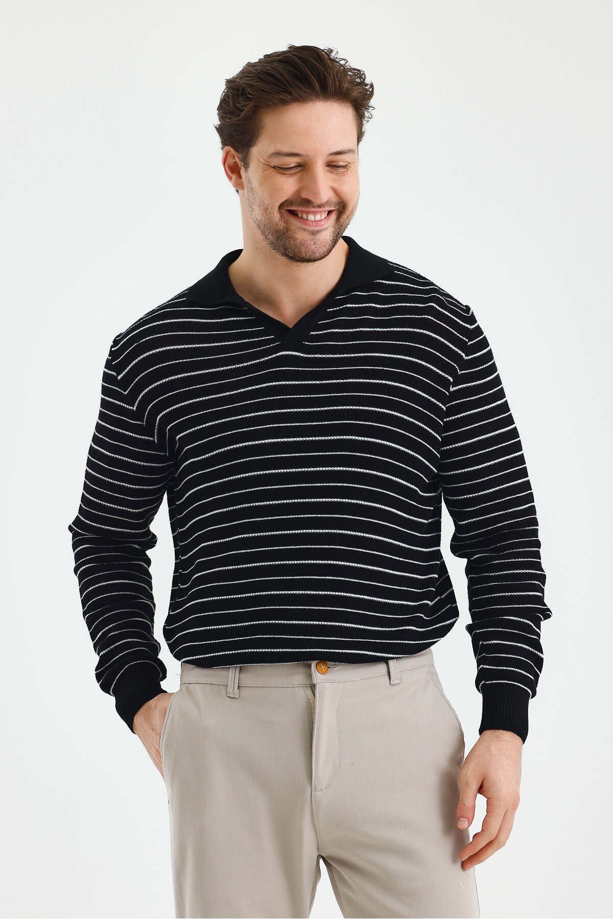 Tarz CoolKazakTZ18132R07-4Erkek Patlı Slim Fit Çizgi Detaylı Uzun Kollu Polo Yaka Triko Kazak