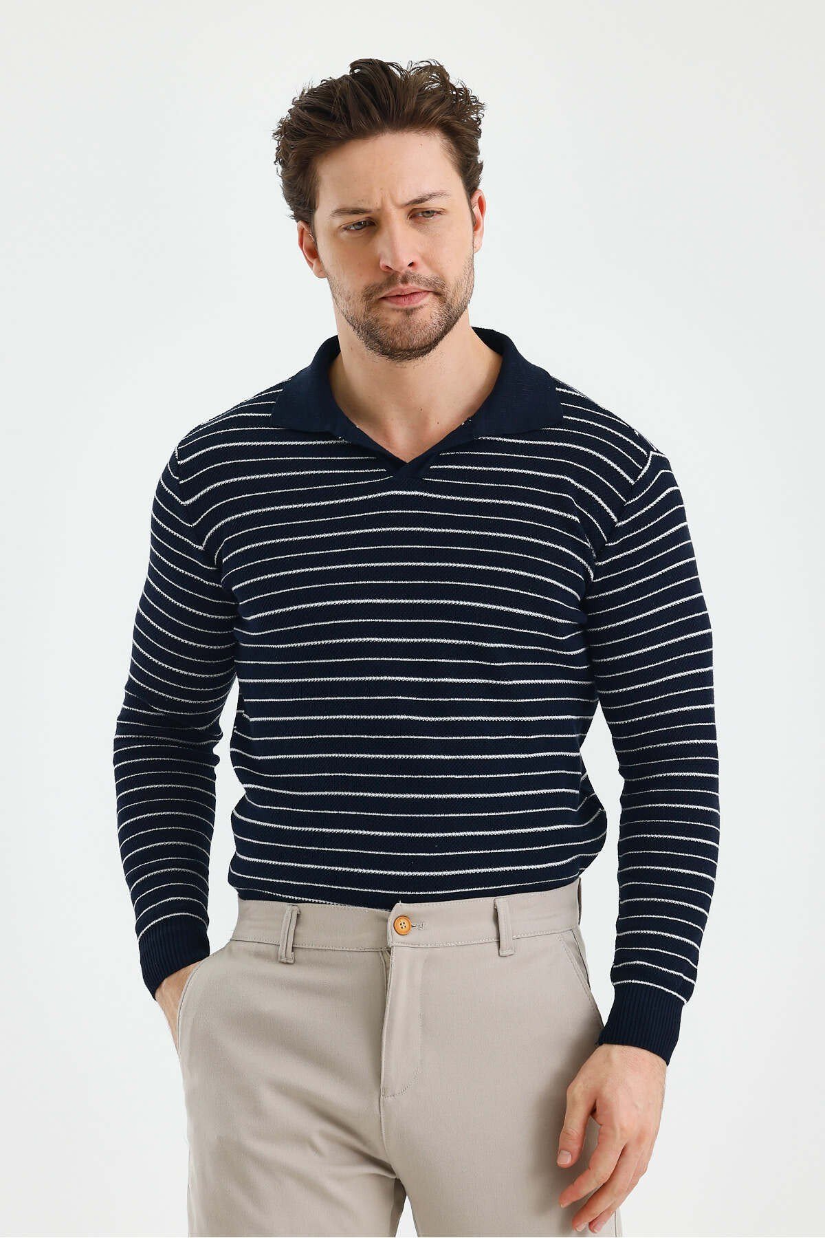Tarz CoolKazakTZ18132R07-4Erkek Patlı Slim Fit Çizgi Detaylı Uzun Kollu Polo Yaka Triko Kazak
