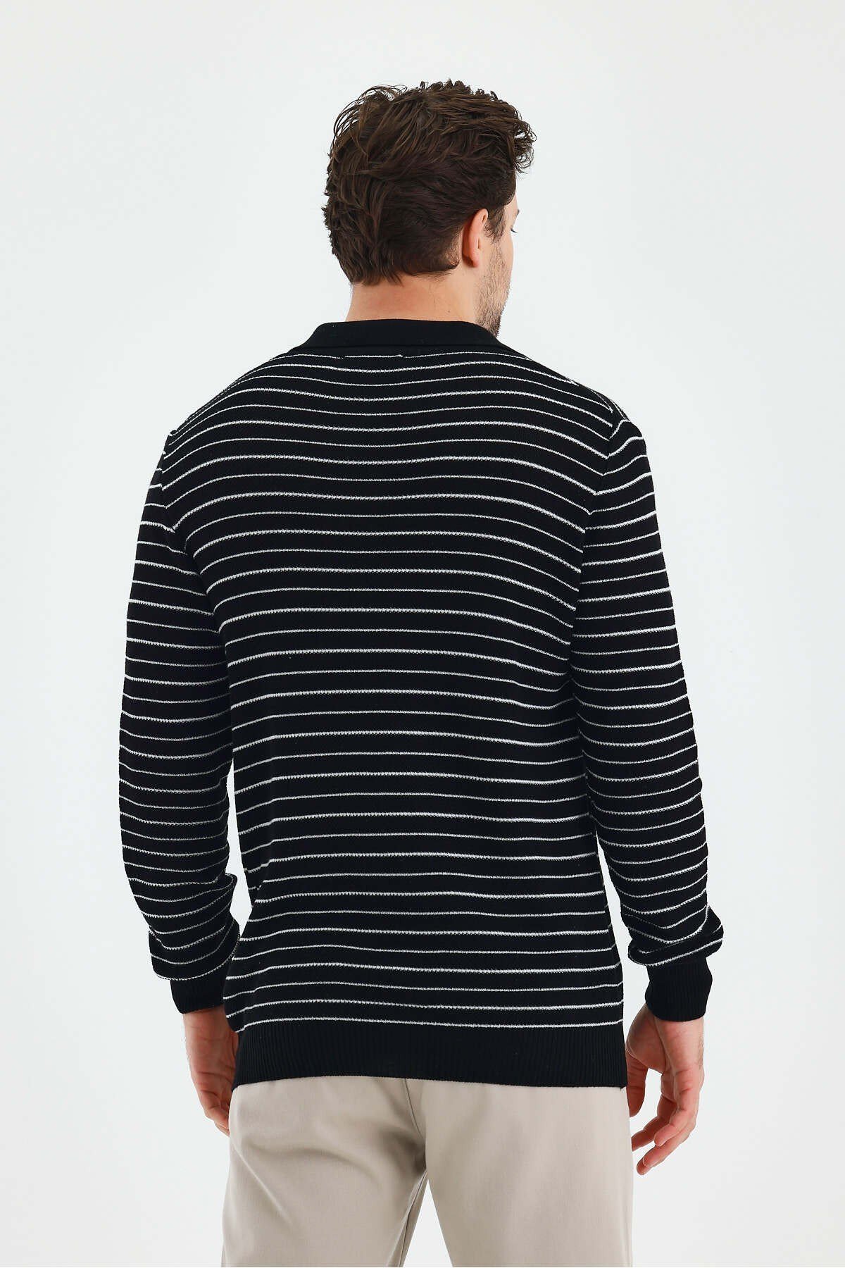 Tarz CoolKazakTZ18132R07-4Erkek Patlı Slim Fit Çizgi Detaylı Uzun Kollu Polo Yaka Triko Kazak