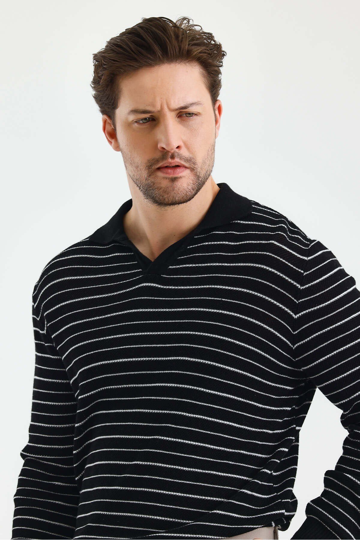 Tarz CoolKazakTZ18132R07-4Erkek Patlı Slim Fit Çizgi Detaylı Uzun Kollu Polo Yaka Triko Kazak