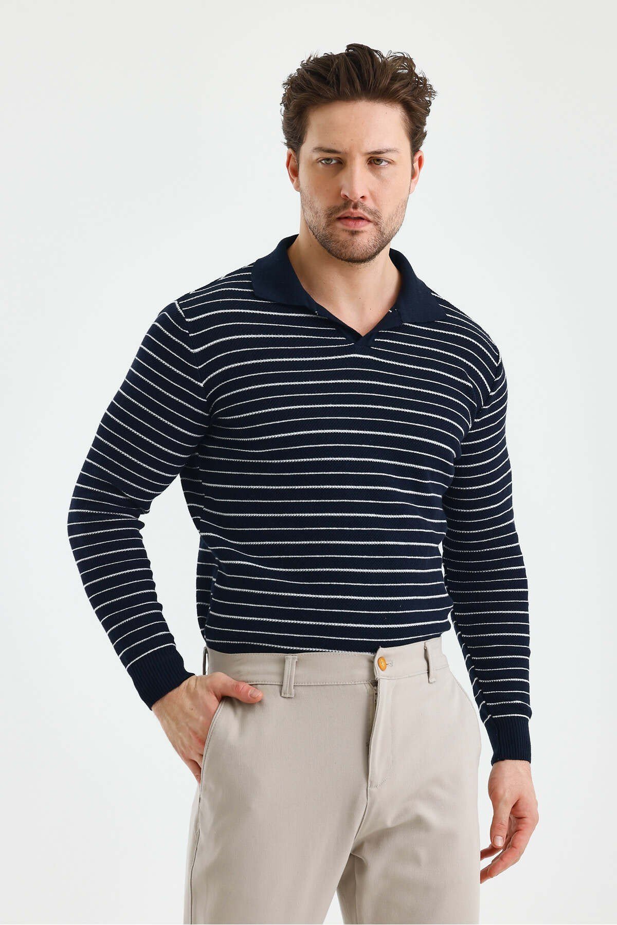 Tarz CoolKazakTZ18132R07-4Erkek Patlı Slim Fit Çizgi Detaylı Uzun Kollu Polo Yaka Triko Kazak