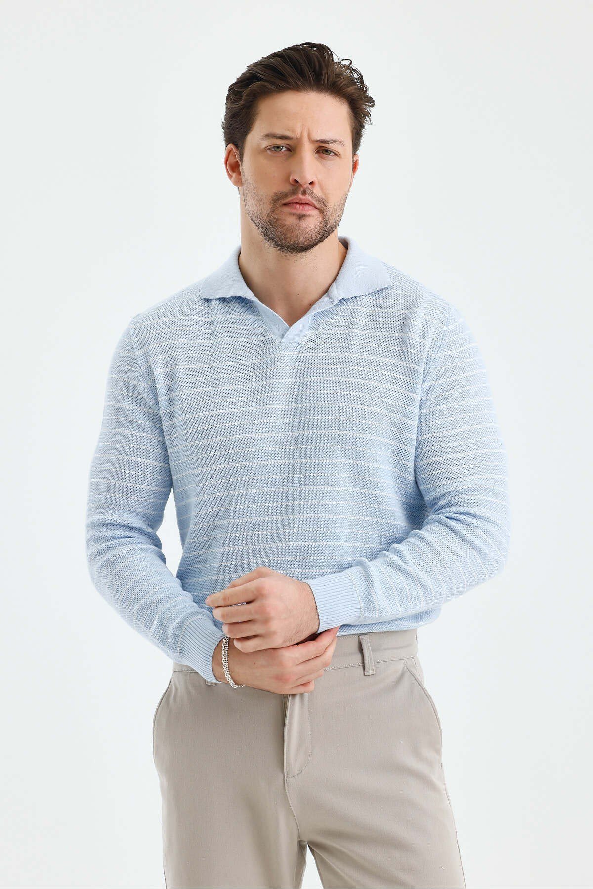 Tarz CoolKazakTZ18132R07-4Erkek Patlı Slim Fit Çizgi Detaylı Uzun Kollu Polo Yaka Triko Kazak