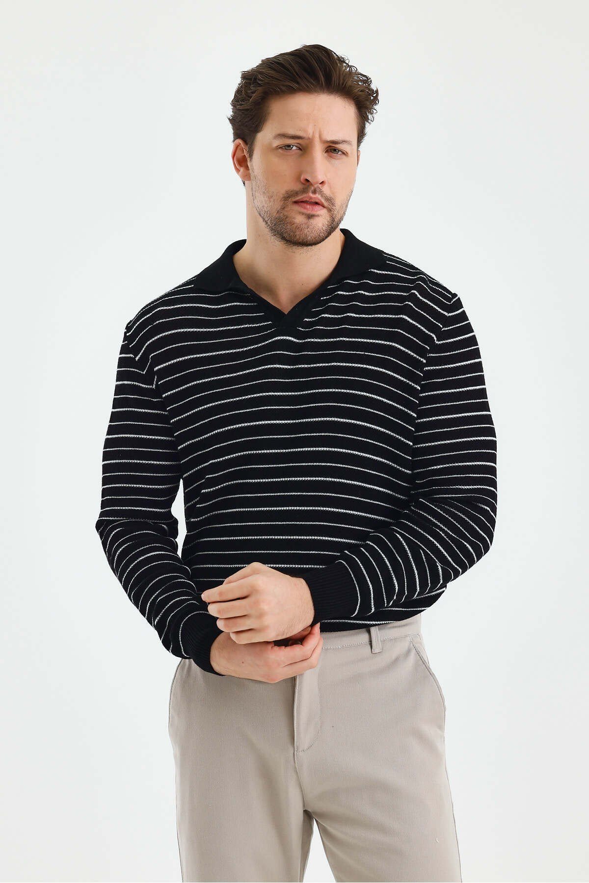 Tarz CoolKazakTZ18132R07-4Erkek Patlı Slim Fit Çizgi Detaylı Uzun Kollu Polo Yaka Triko Kazak