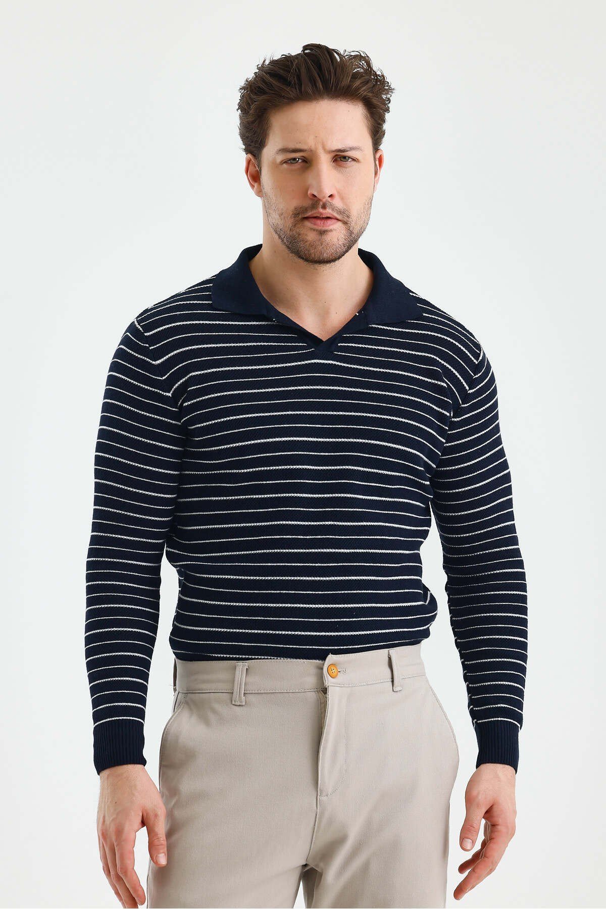 Tarz CoolKazakTZ18132R07-4Erkek Patlı Slim Fit Çizgi Detaylı Uzun Kollu Polo Yaka Triko Kazak