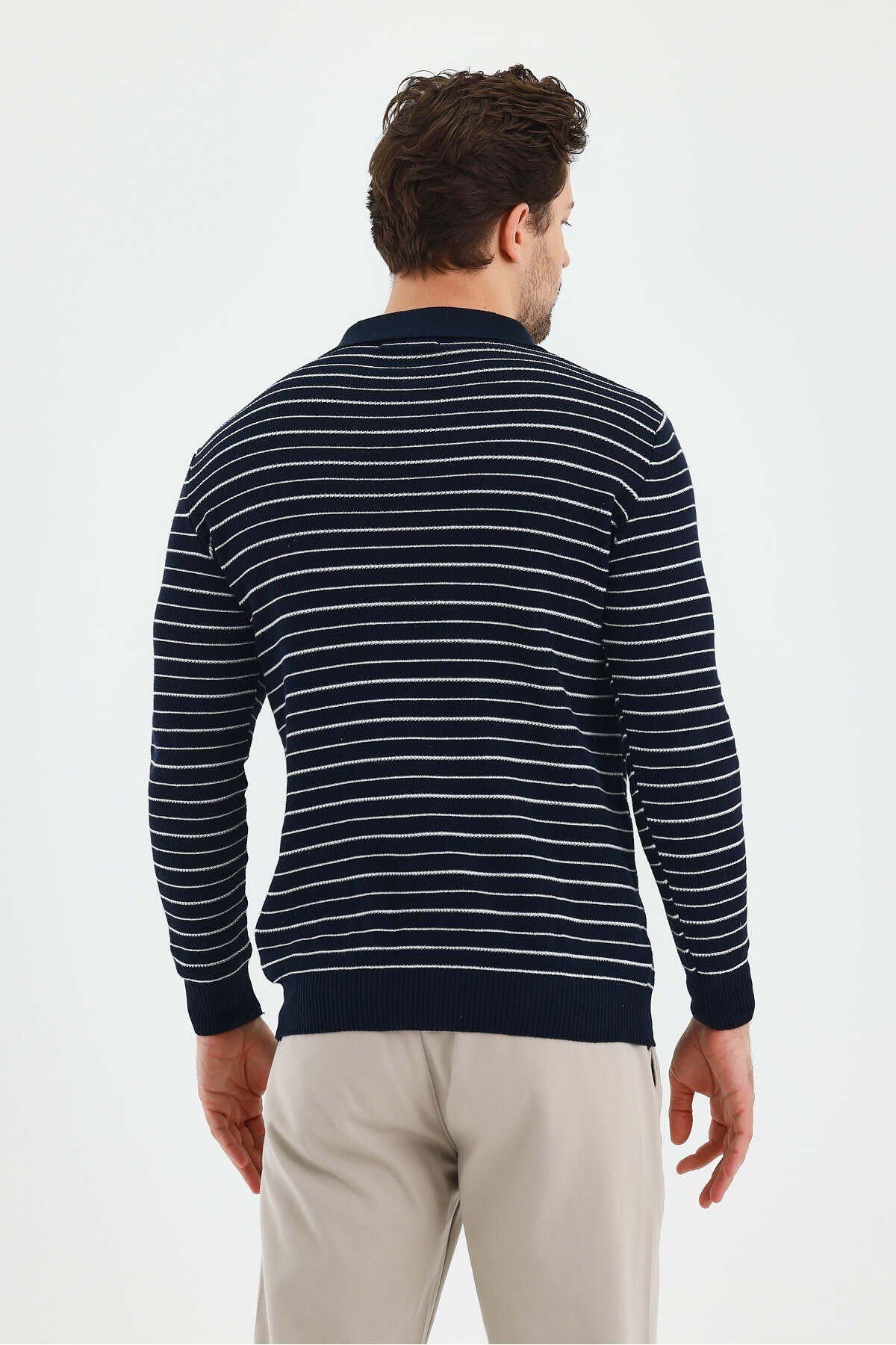 Tarz CoolKazakTZ18132R07-4Erkek Patlı Slim Fit Çizgi Detaylı Uzun Kollu Polo Yaka Triko Kazak