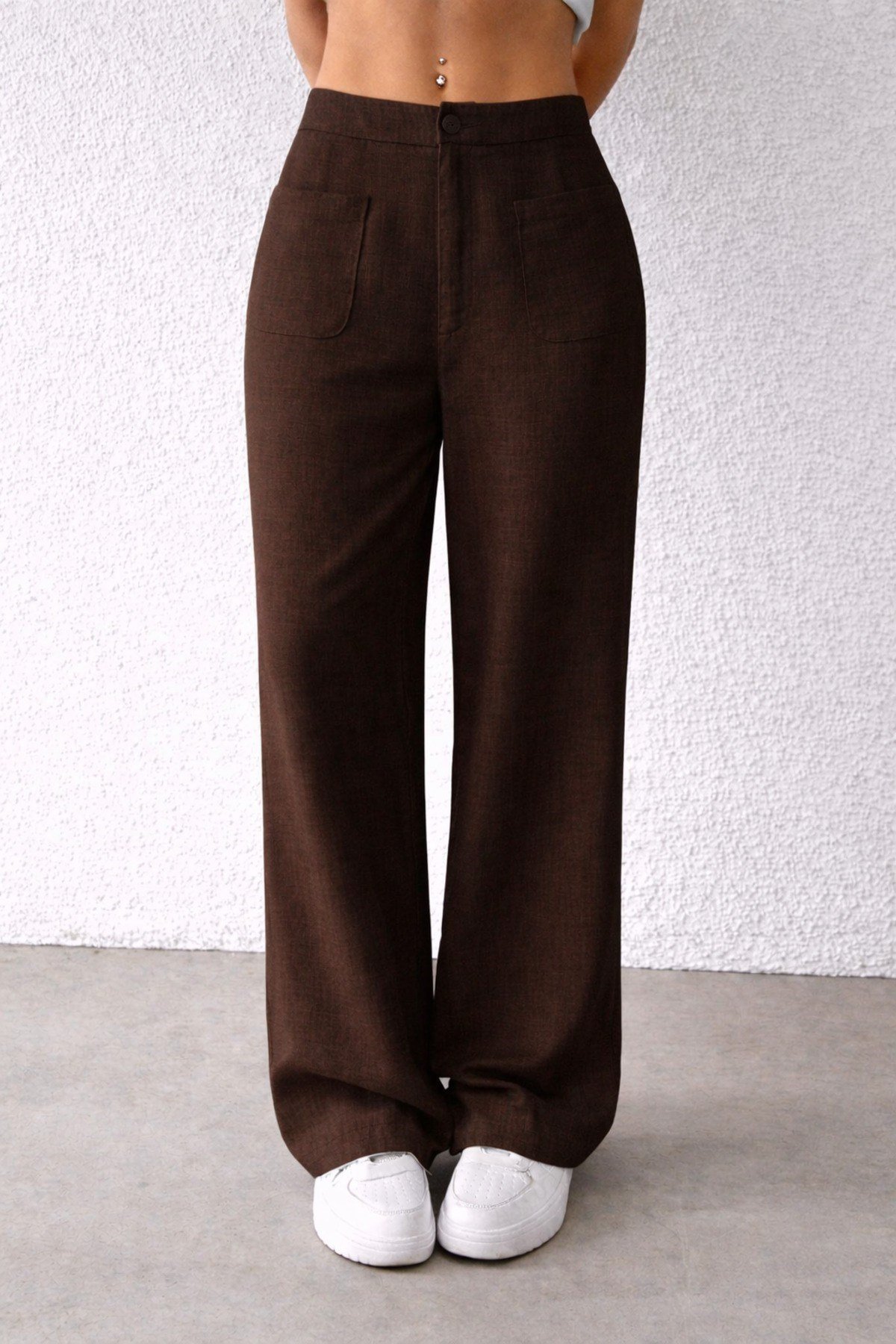 Tarz CoolPantolonKDN-PNTKTN-01-KHV-MKadın Wide Leg Pantolon Ön Cep Detaylı Rahat Kalıp Günlük Pantolon