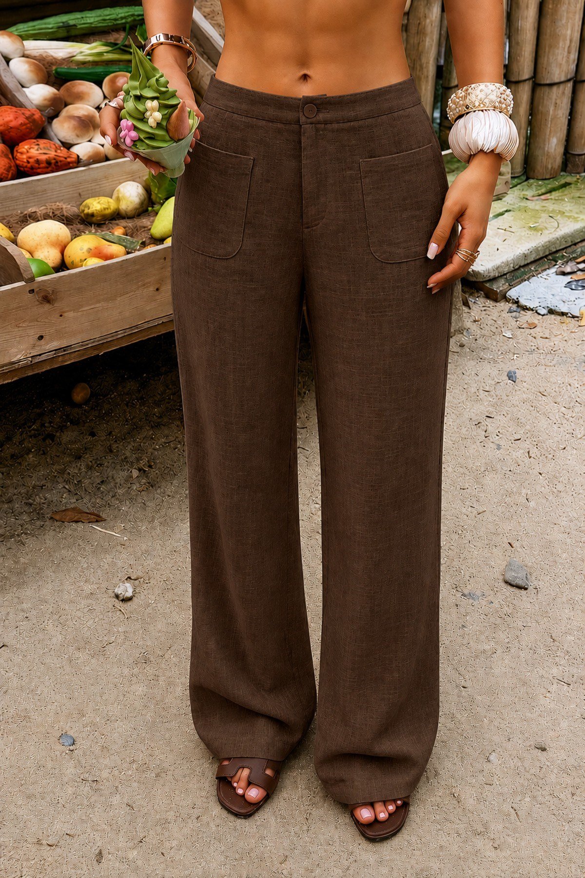 Tarz CoolPantolonKDN-PNTKTN-01-KHV-MKadın Wide Leg Pantolon Ön Cep Detaylı Rahat Kalıp Günlük Pantolon