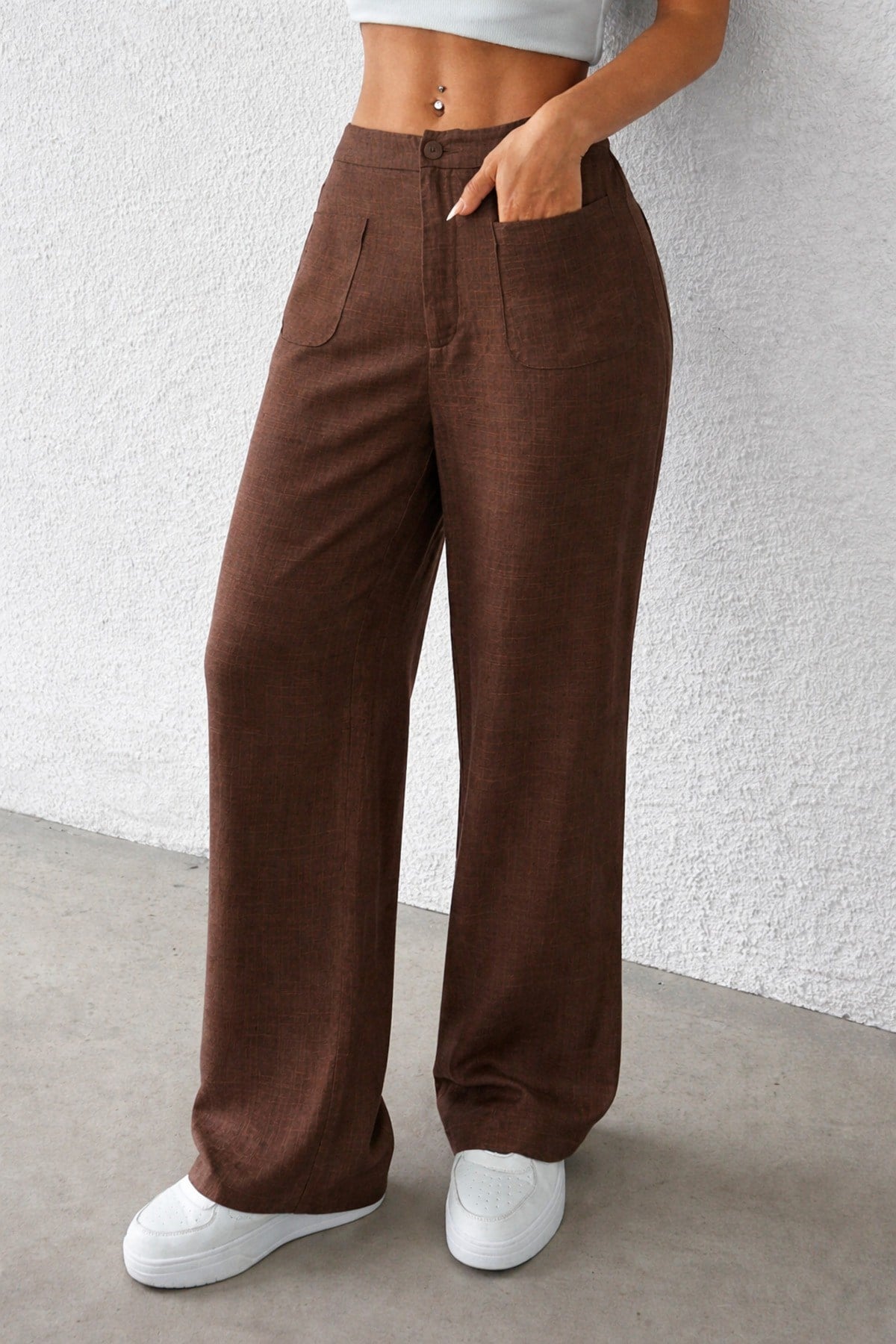 Tarz CoolPantolonKDN-PNTKTN-01-KHV-MKadın Wide Leg Pantolon Ön Cep Detaylı Rahat Kalıp Günlük Pantolon