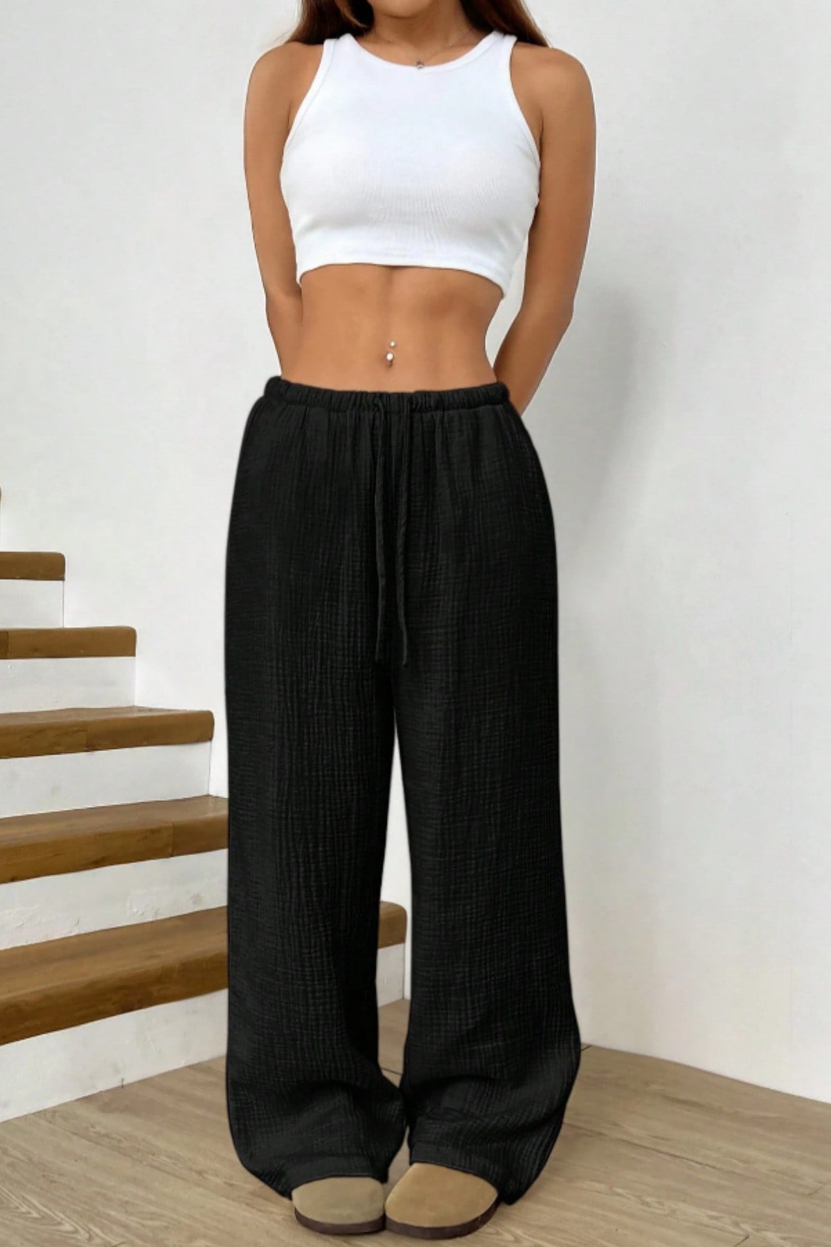 Tarz CoolPantolonKMSLPNT0125R05Bol Paça Müslin Kadın Pantolon