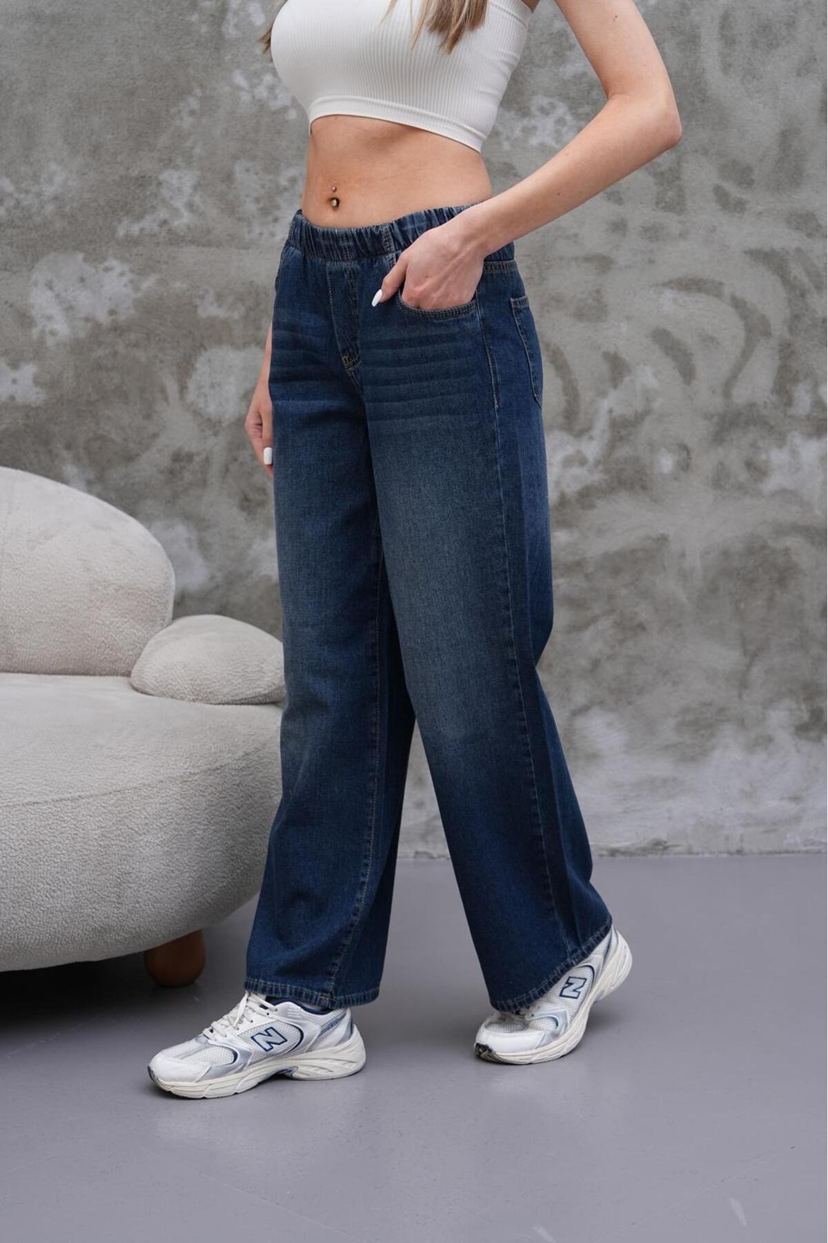 Tarz CoolPantolonLSTKPNT025R01Kadın Salaş Paça Yüksek Lastikli Bel Jean Pantolon