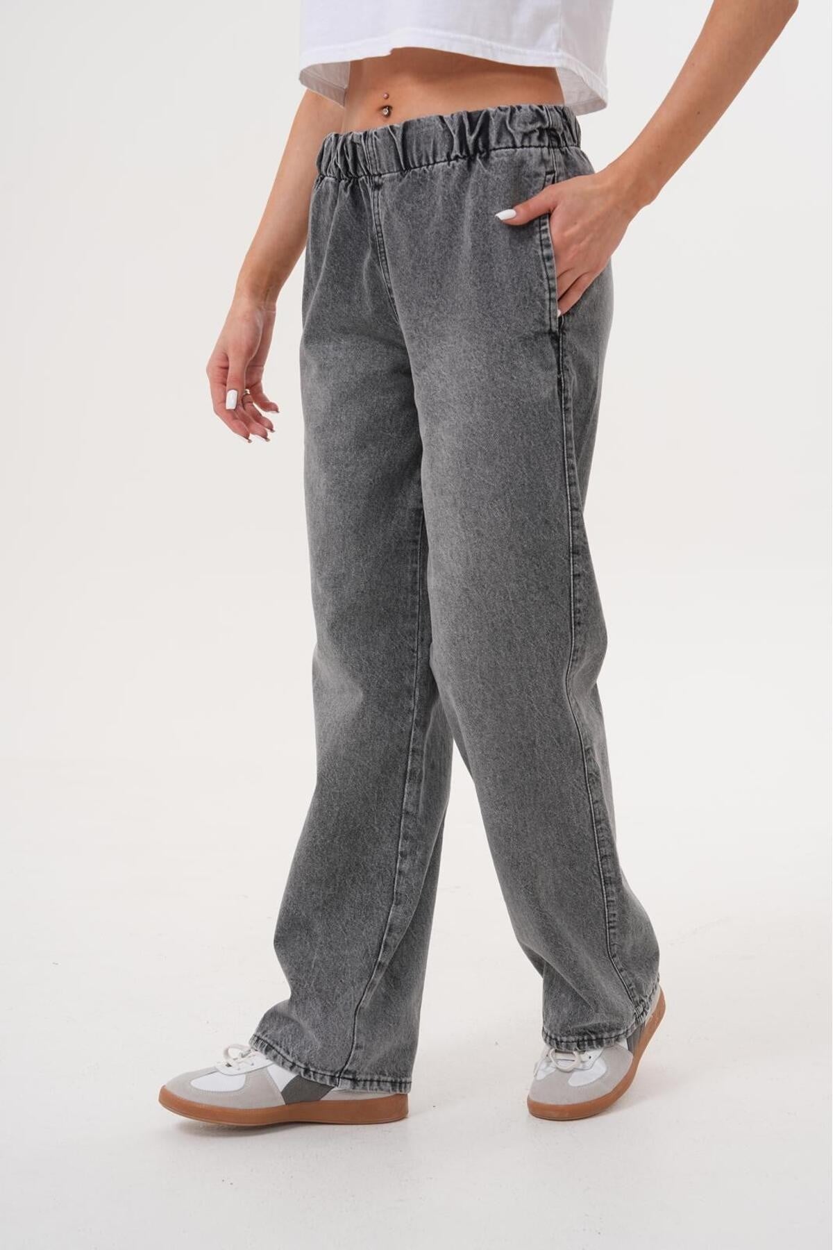 Tarz CoolPantolonLSTKPNT025R01Kadın Salaş Paça Yüksek Lastikli Bel Jean Pantolon