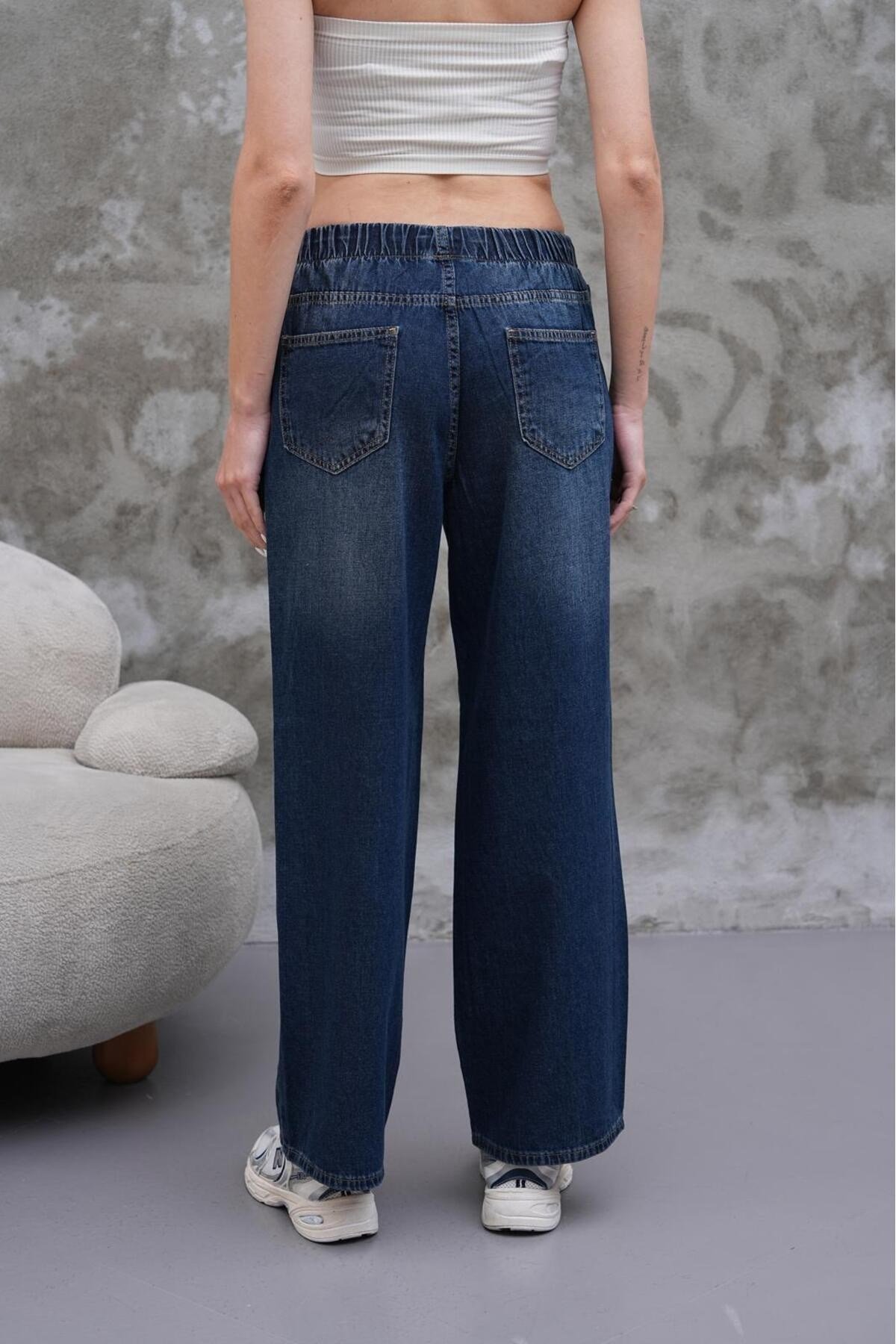Tarz CoolPantolonLSTKPNT025R01Kadın Salaş Paça Yüksek Lastikli Bel Jean Pantolon