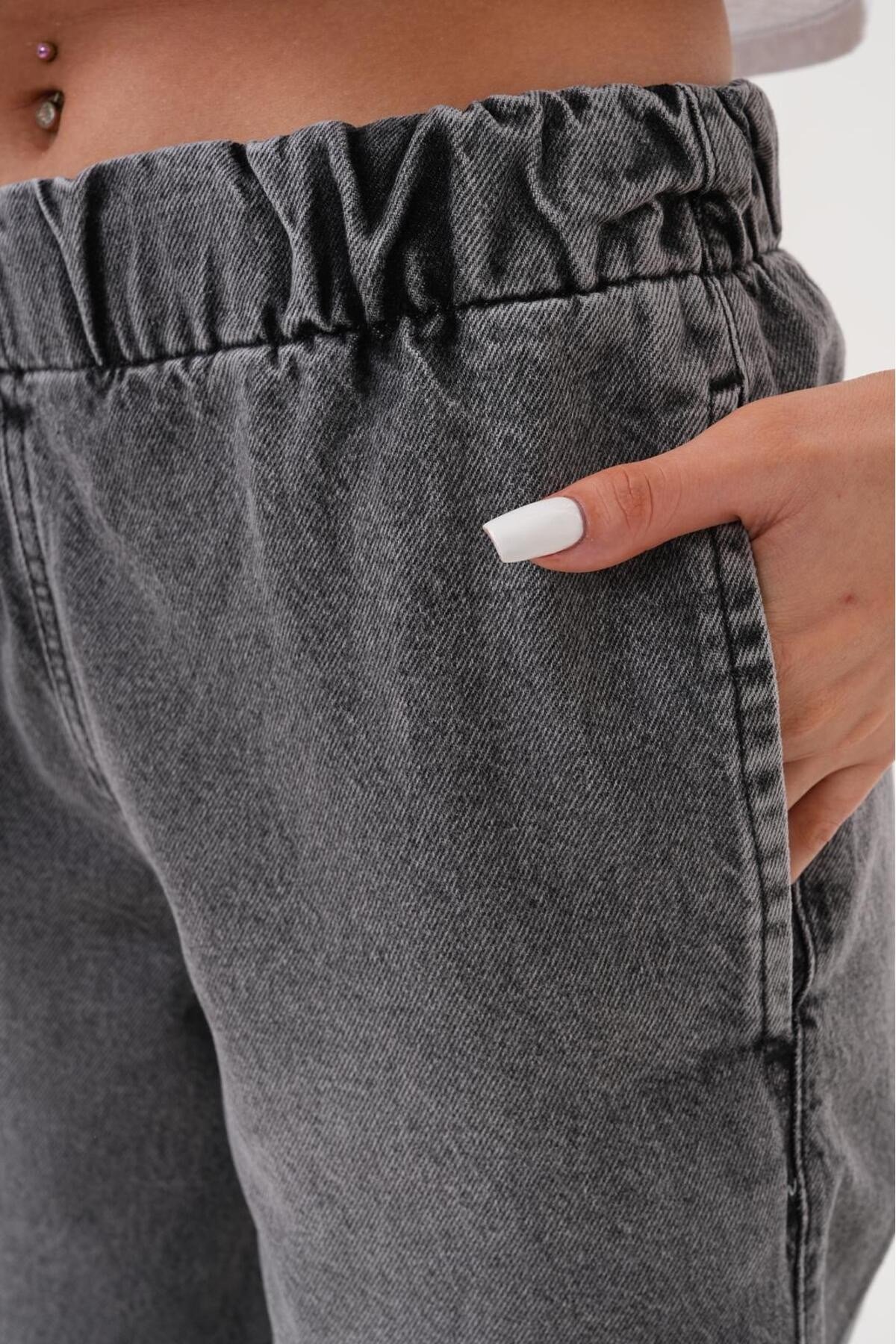 Tarz CoolPantolonLSTKPNT025R01Kadın Salaş Paça Yüksek Lastikli Bel Jean Pantolon