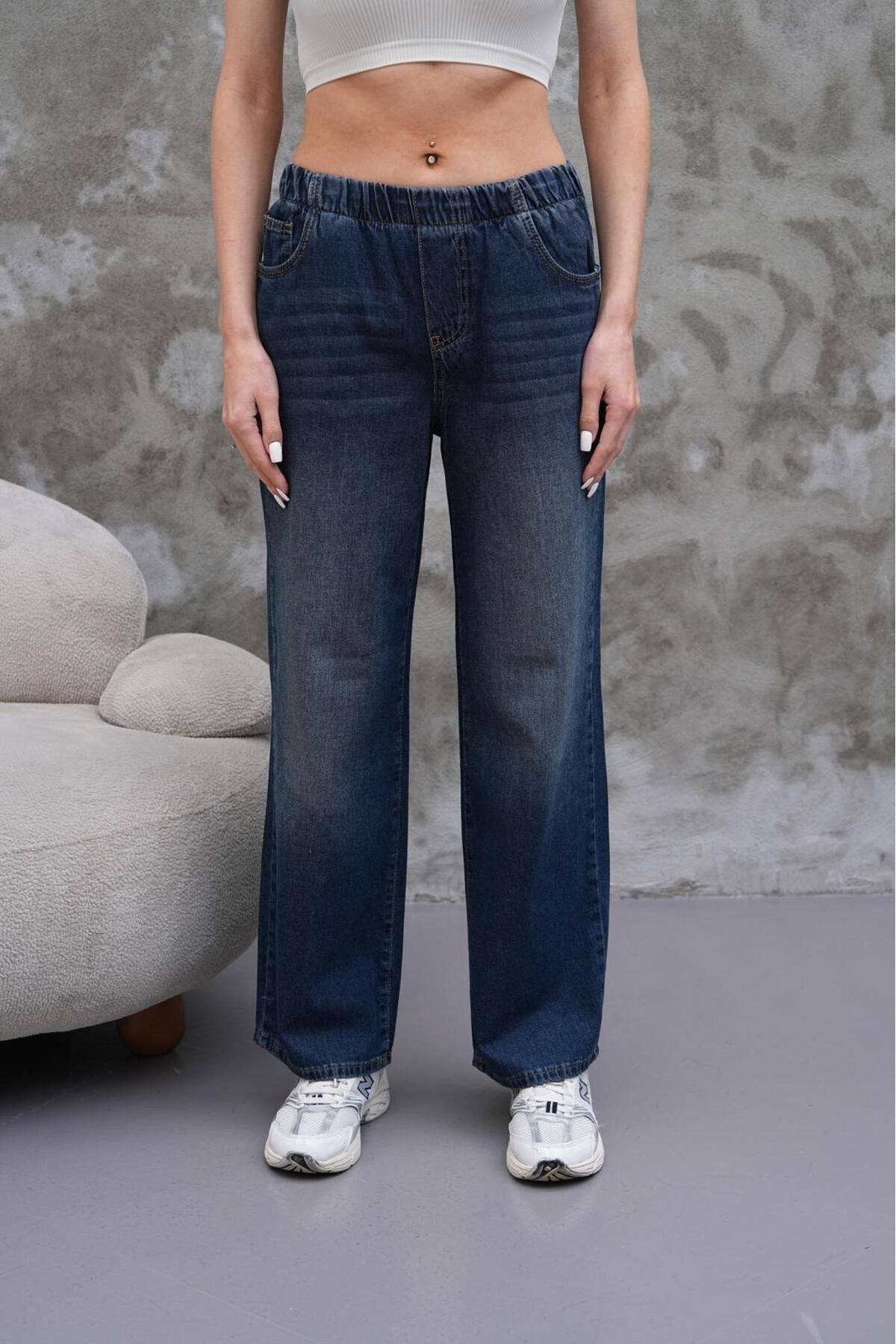 Tarz CoolPantolonLSTKPNT025R01Kadın Salaş Paça Yüksek Lastikli Bel Jean Pantolon