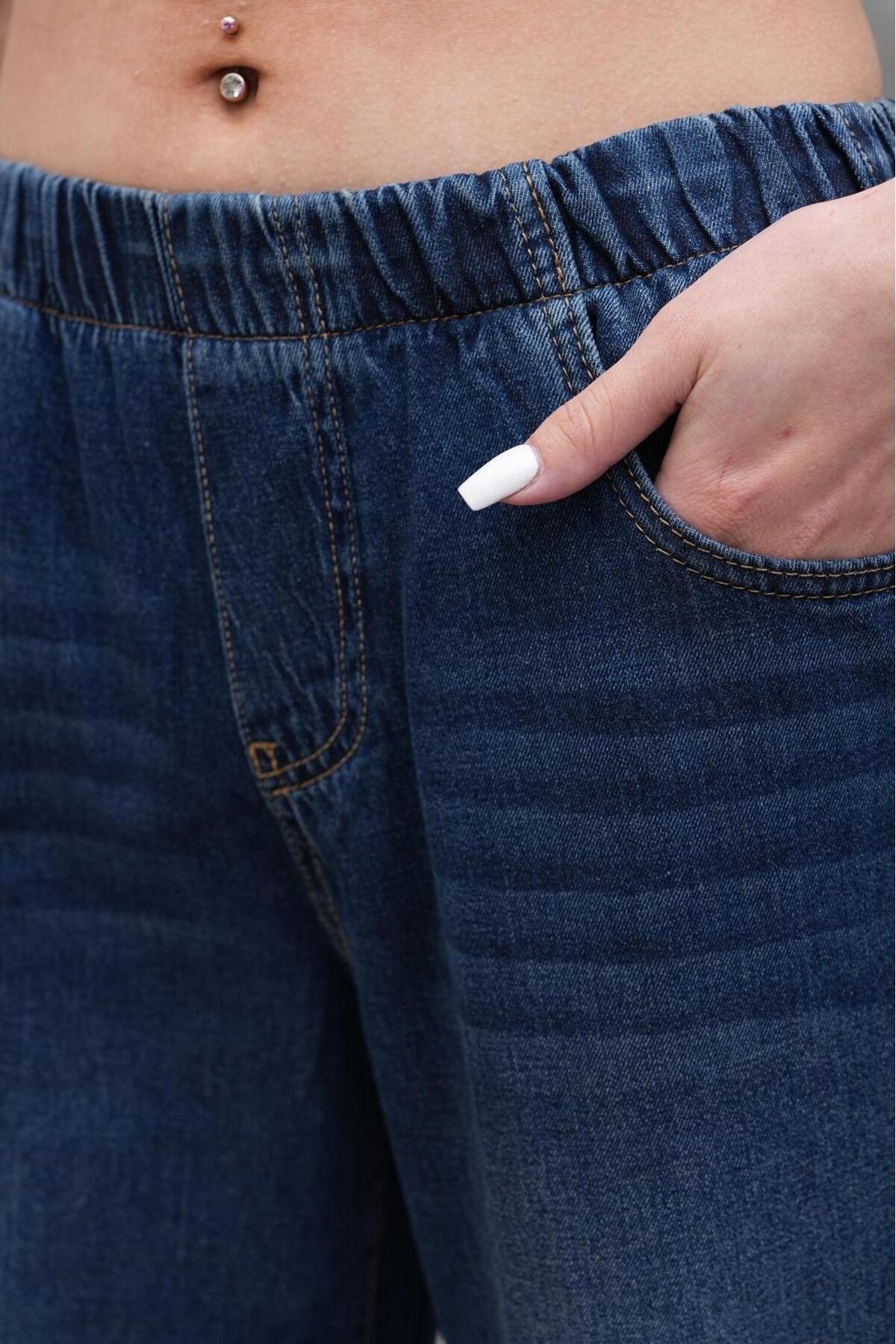 Tarz CoolPantolonLSTKPNT025R01Kadın Salaş Paça Yüksek Lastikli Bel Jean Pantolon