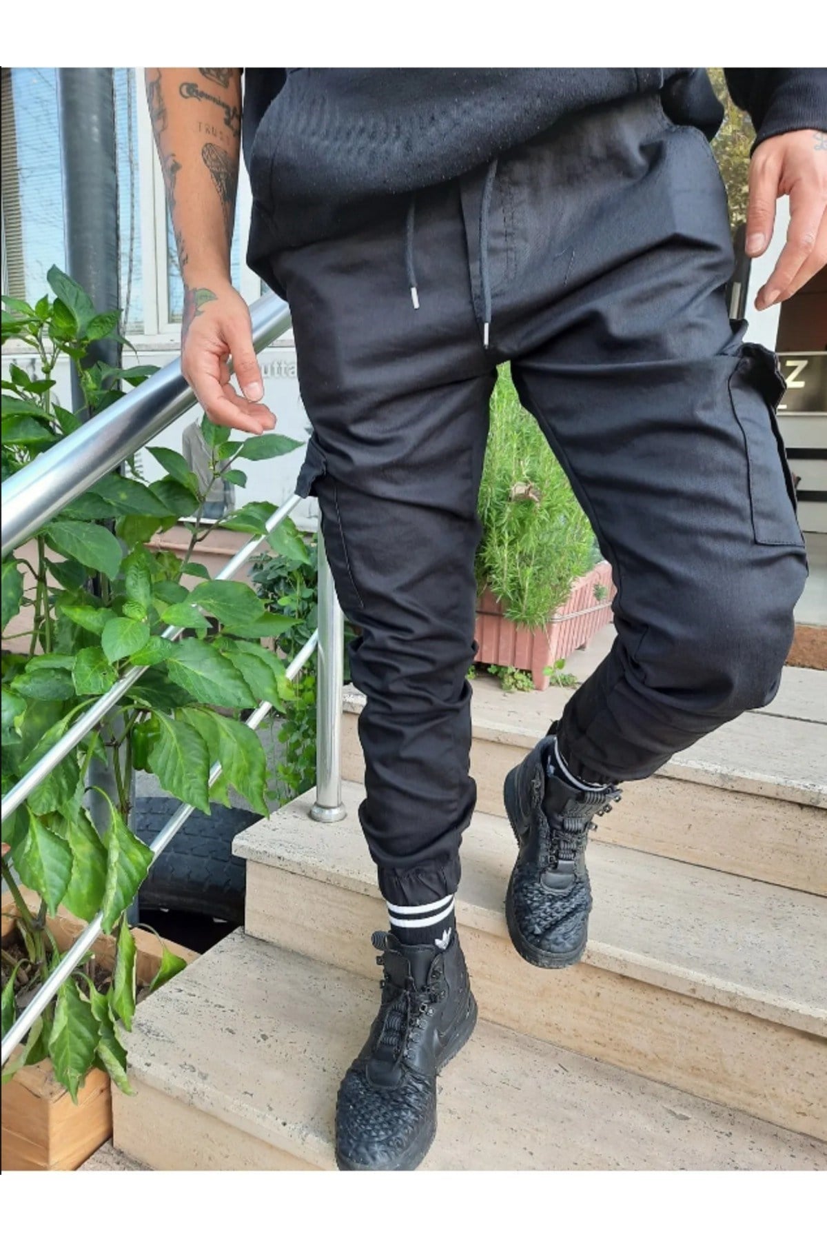 Tarz CoolPantolonSRSYNCPJ026-HK-30Slim Fit None Denim Yandan Cepli Bel Bağcıklı, Paçaları Lastikli Erkek Kargo Pantolon
