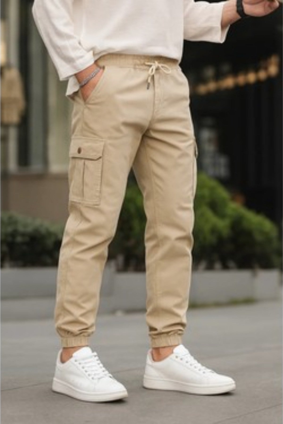 Tarz CoolPantolonSRSYNCPJ026-HK-30Slim Fit None Denim Yandan Cepli Bel Bağcıklı, Paçaları Lastikli Erkek Kargo Pantolon