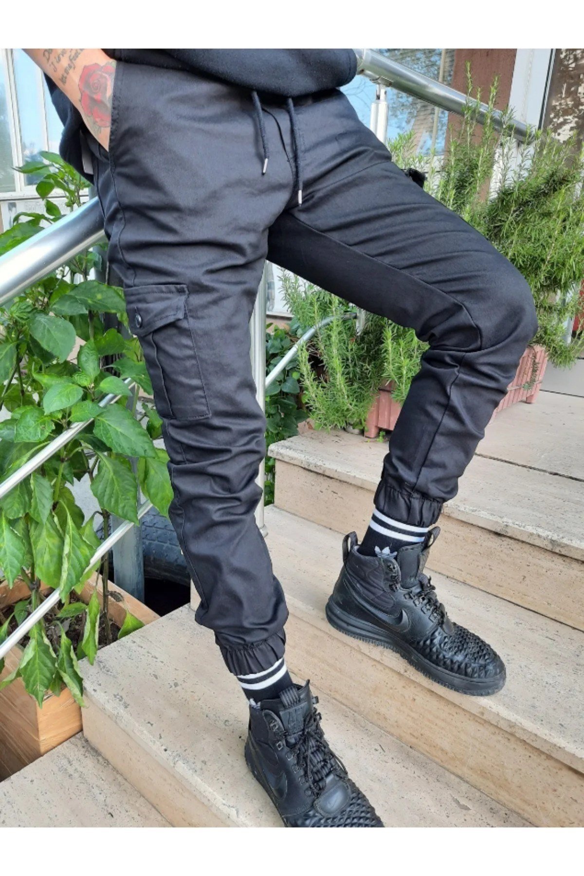 Tarz CoolPantolonSRSYNCPJ026-HK-30Slim Fit None Denim Yandan Cepli Bel Bağcıklı, Paçaları Lastikli Erkek Kargo Pantolon