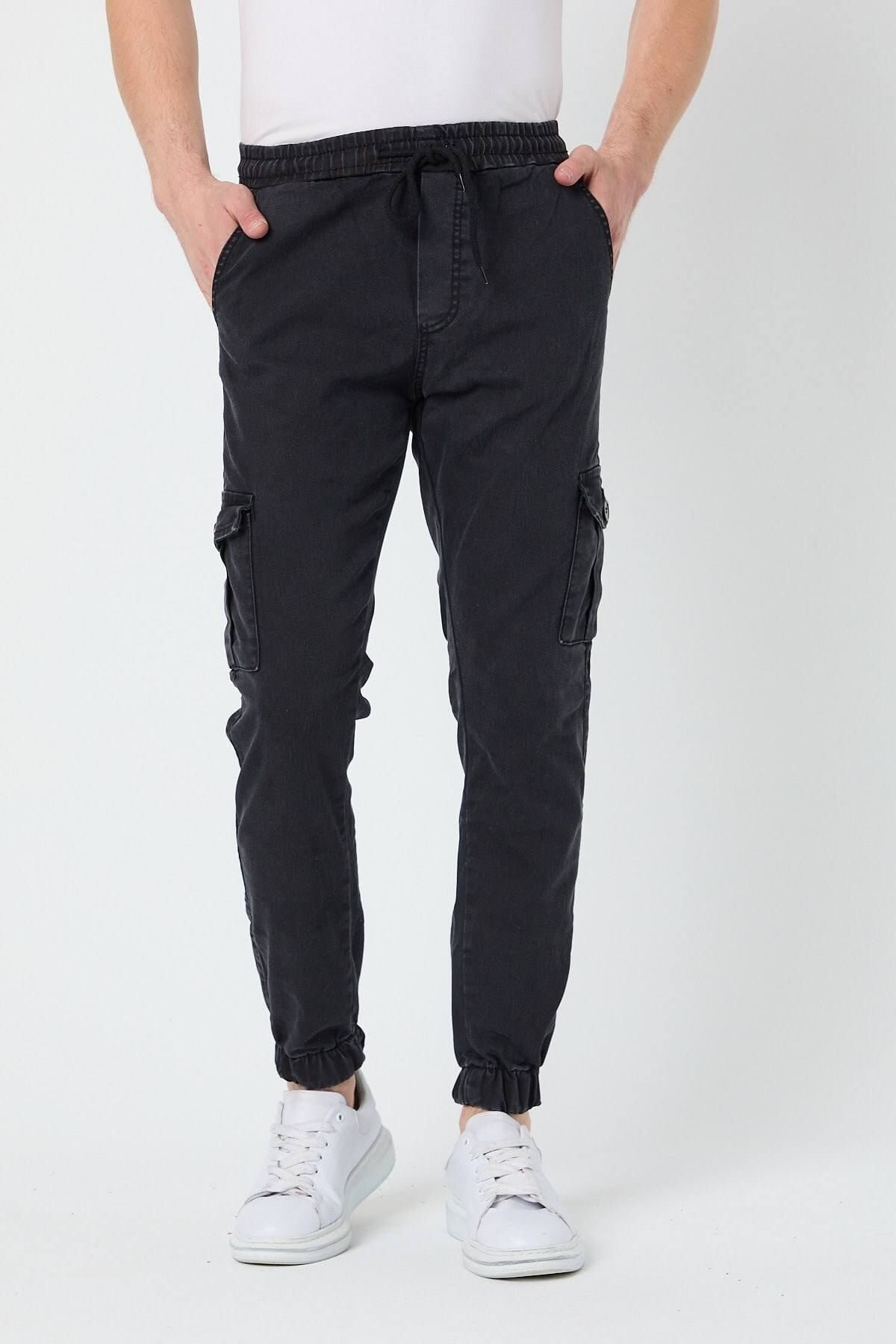 Tarz CoolPantolonSRSYNCPJ026-HK-30Slim Fit None Denim Yandan Cepli Bel Bağcıklı, Paçaları Lastikli Erkek Kargo Pantolon