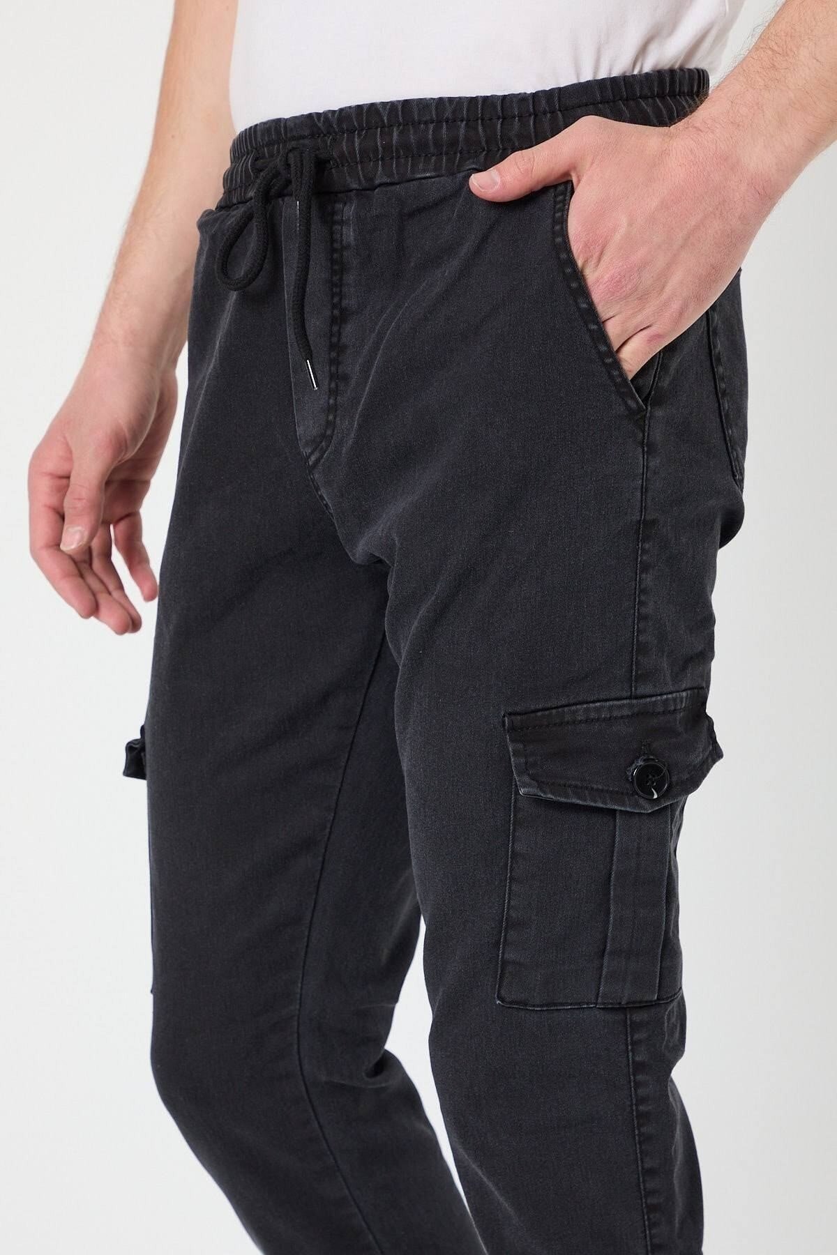 Tarz CoolPantolonSRSYNCPJ026-HK-30Slim Fit None Denim Yandan Cepli Bel Bağcıklı, Paçaları Lastikli Erkek Kargo Pantolon