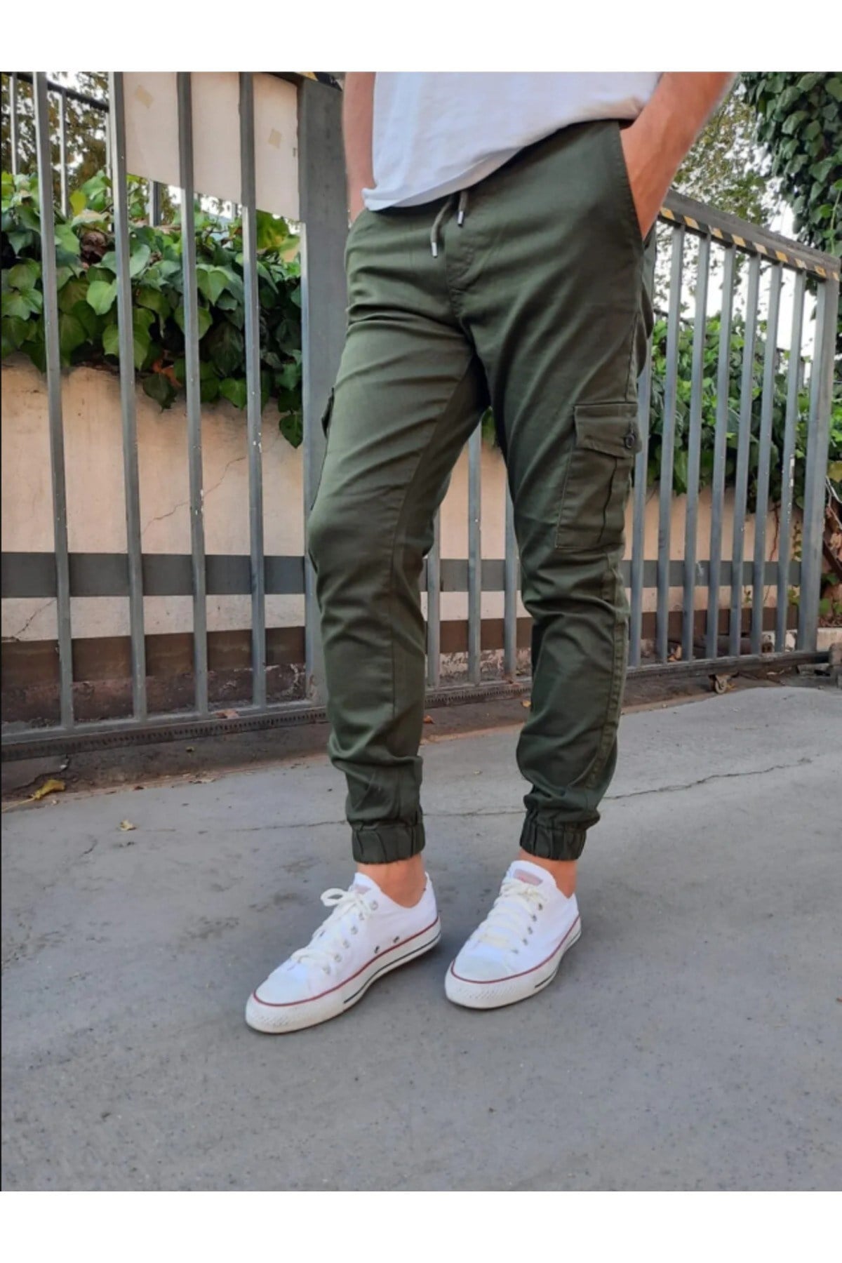 Tarz CoolPantolonSRSYNCPJ026-HK-30Slim Fit None Denim Yandan Cepli Bel Bağcıklı, Paçaları Lastikli Erkek Kargo Pantolon