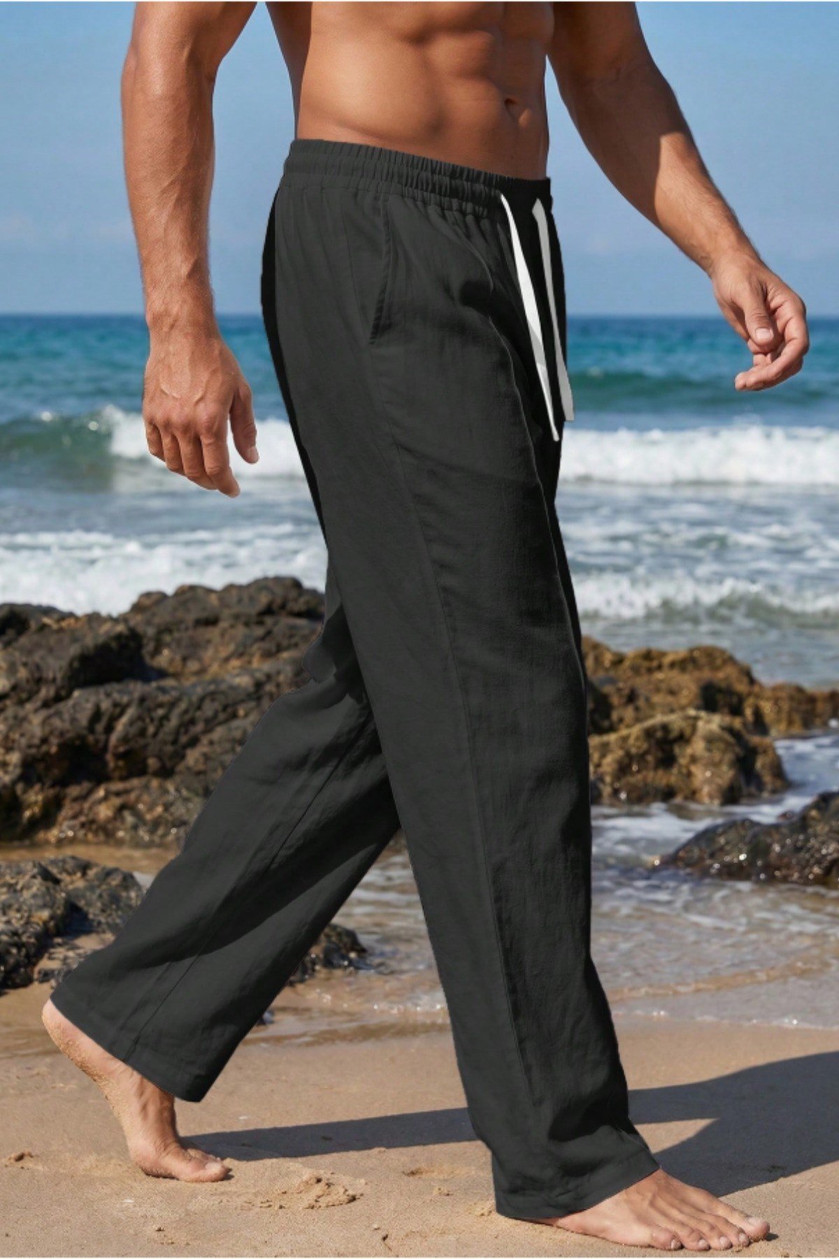 Tarz CoolPantolonTC-KTP-2418-Beyaz-SErkek %100 Keten Rahat Kalıp Beli Lastikli Yazlık Keten Pantolon Cepli Günlük Casual Plaj Pantolonu