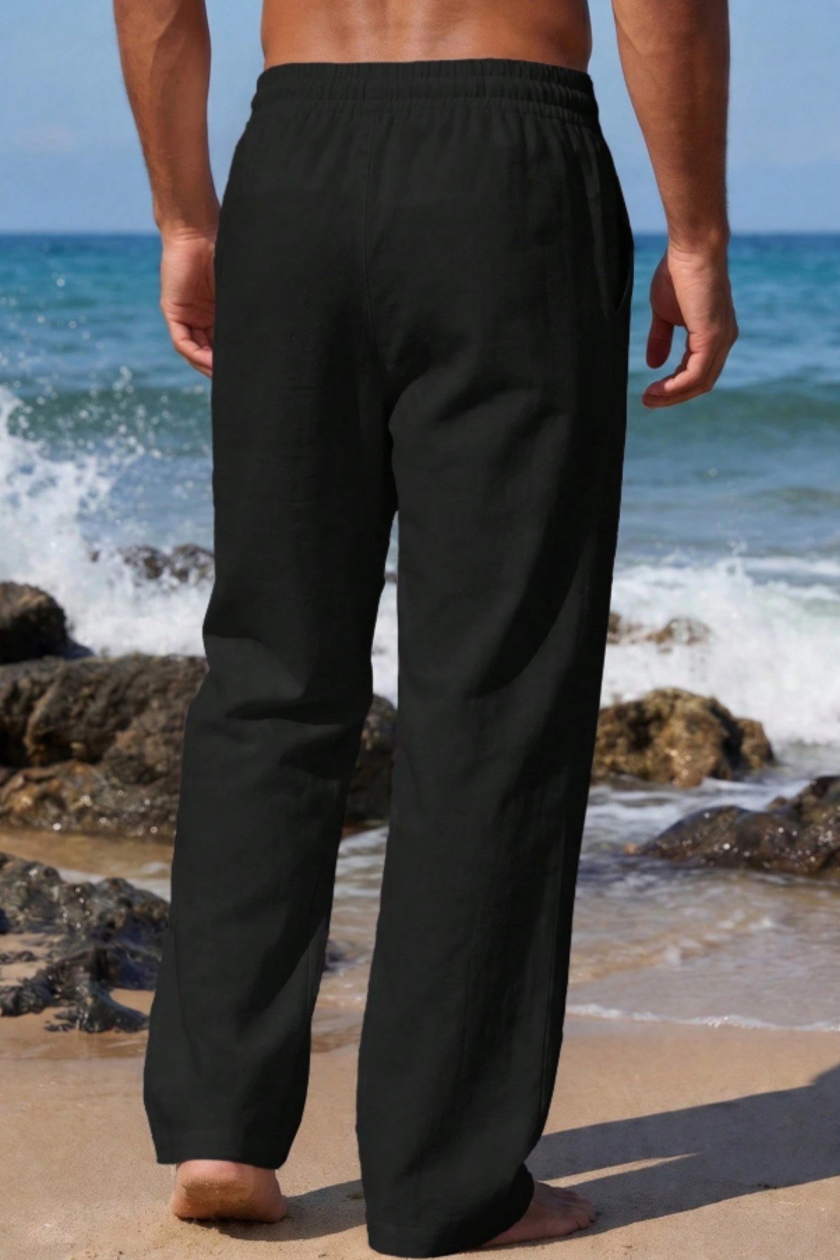 Tarz CoolPantolonTC-KTP-2418-Beyaz-SErkek %100 Keten Rahat Kalıp Beli Lastikli Yazlık Keten Pantolon Cepli Günlük Casual Plaj Pantolonu