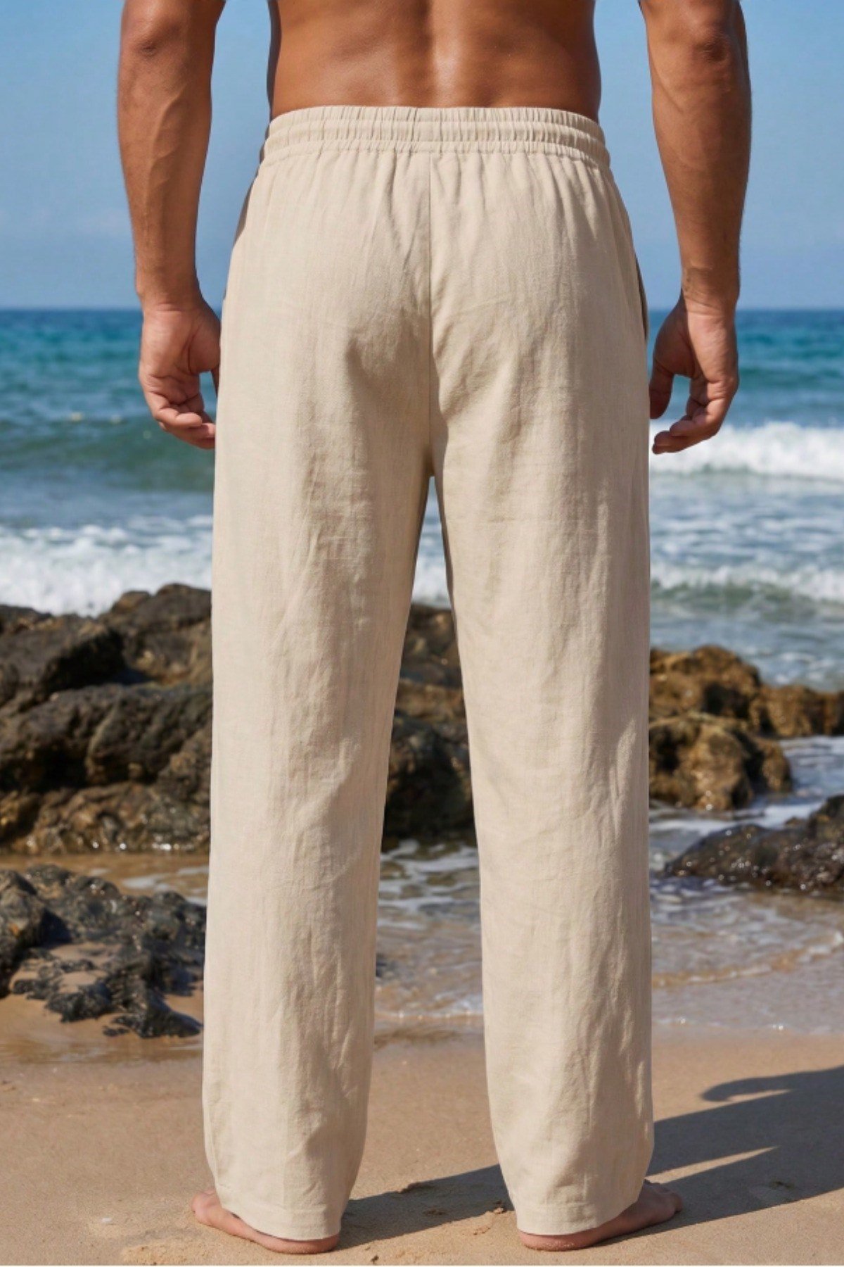 Tarz CoolPantolonTC-KTP-2418-Beyaz-SErkek %100 Keten Rahat Kalıp Beli Lastikli Yazlık Keten Pantolon Cepli Günlük Casual Plaj Pantolonu