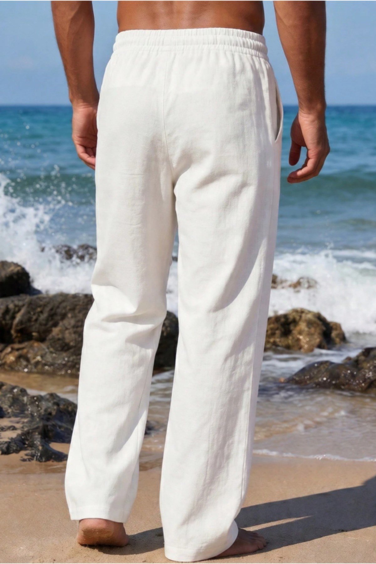 Tarz CoolPantolonTC-KTP-2418-Beyaz-SErkek %100 Keten Rahat Kalıp Beli Lastikli Yazlık Keten Pantolon Cepli Günlük Casual Plaj Pantolonu