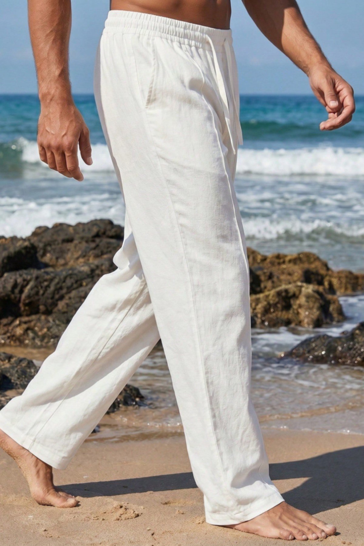 Tarz CoolPantolonTC-KTP-2418-Beyaz-SErkek %100 Keten Rahat Kalıp Beli Lastikli Yazlık Keten Pantolon Cepli Günlük Casual Plaj Pantolonu