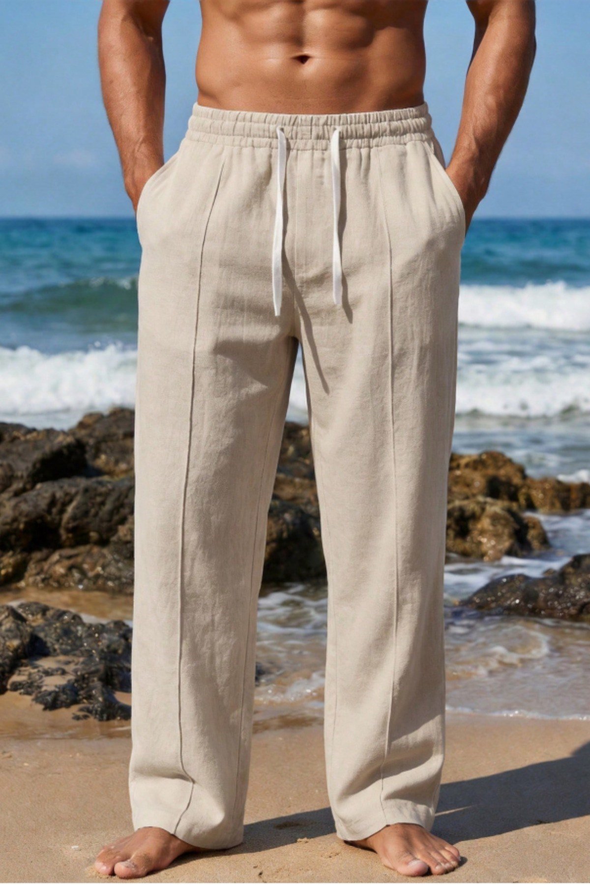 Tarz CoolPantolonTC-KTP-2418-Beyaz-SErkek %100 Keten Rahat Kalıp Beli Lastikli Yazlık Keten Pantolon Cepli Günlük Casual Plaj Pantolonu