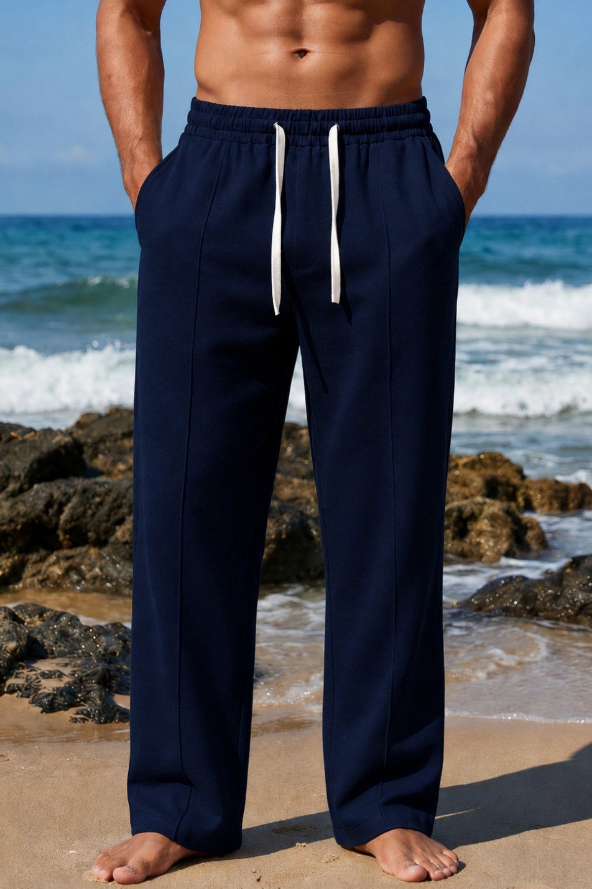 Tarz CoolPantolonTC-KTP-2418-Beyaz-SErkek %100 Keten Rahat Kalıp Beli Lastikli Yazlık Keten Pantolon Cepli Günlük Casual Plaj Pantolonu