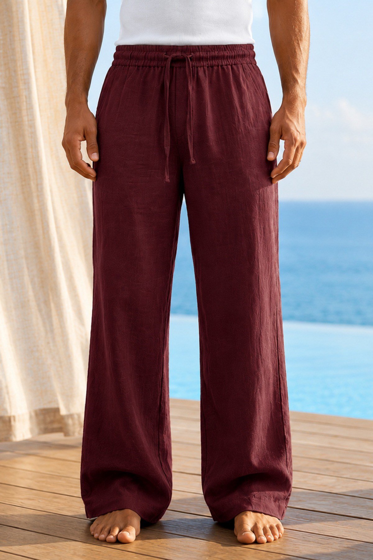Tarz CoolPantolonTC-MKP-2607-Bordo-XLErkek Müslin Keten Karışımlı Rahat Kalıp Beli Lastikli Bağcıklı Yazlık Pantolon