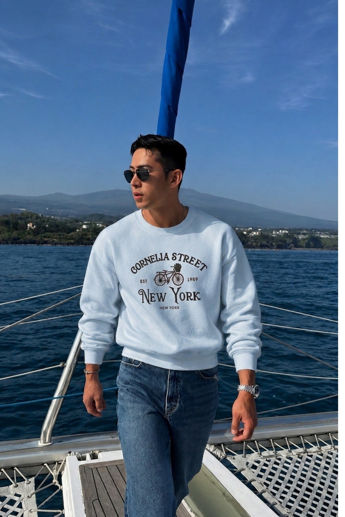 Tarz CoolSweatshirtCORNESWT026-Beyaz-LErkek Organik Pamuklu Yumuşacık Baskı Detaylı Bisiklet Yaka İçi Polarlı Sweatshirt