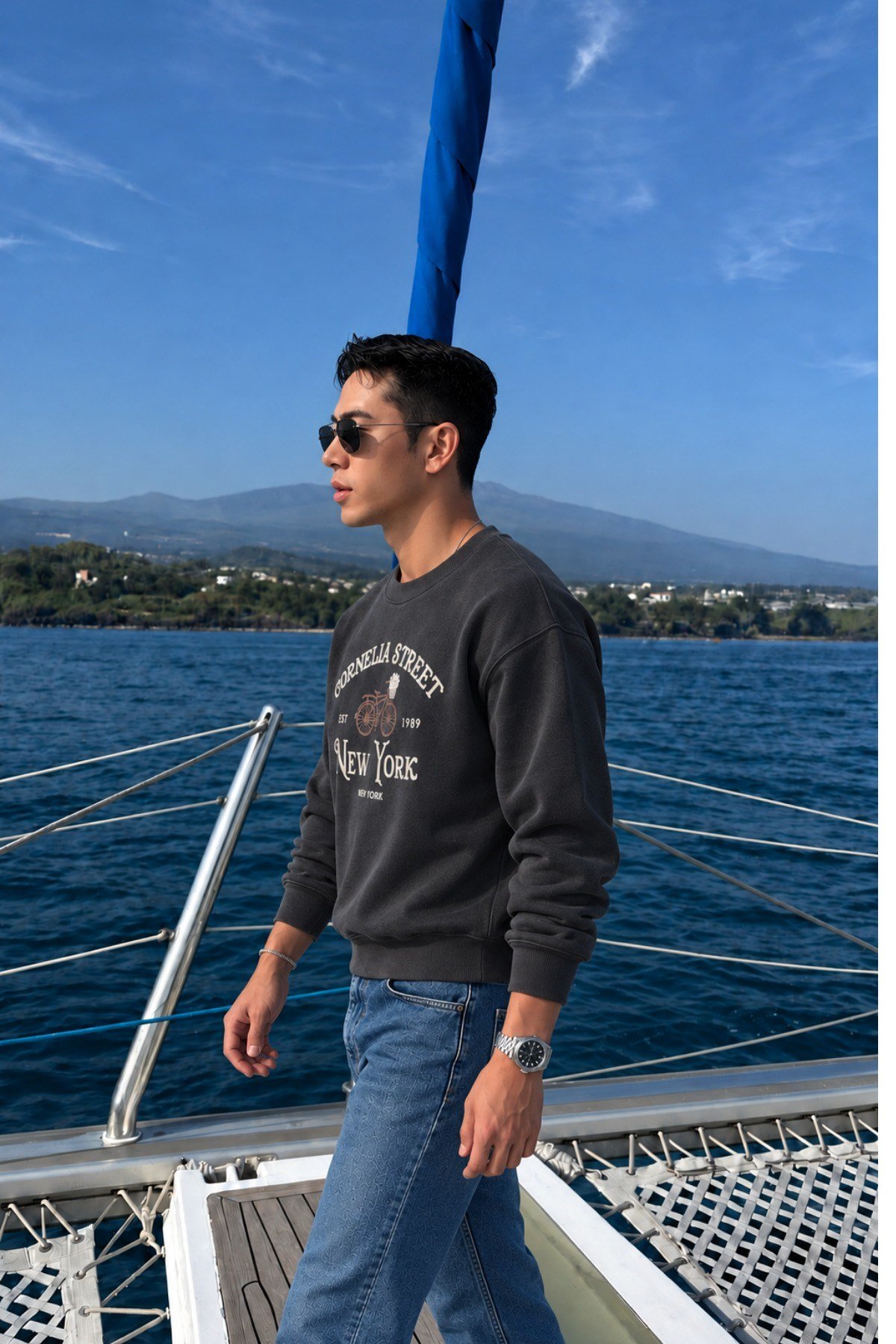 Tarz CoolSweatshirtCORNESWT026-Beyaz-LErkek Organik Pamuklu Yumuşacık Baskı Detaylı Bisiklet Yaka İçi Polarlı Sweatshirt