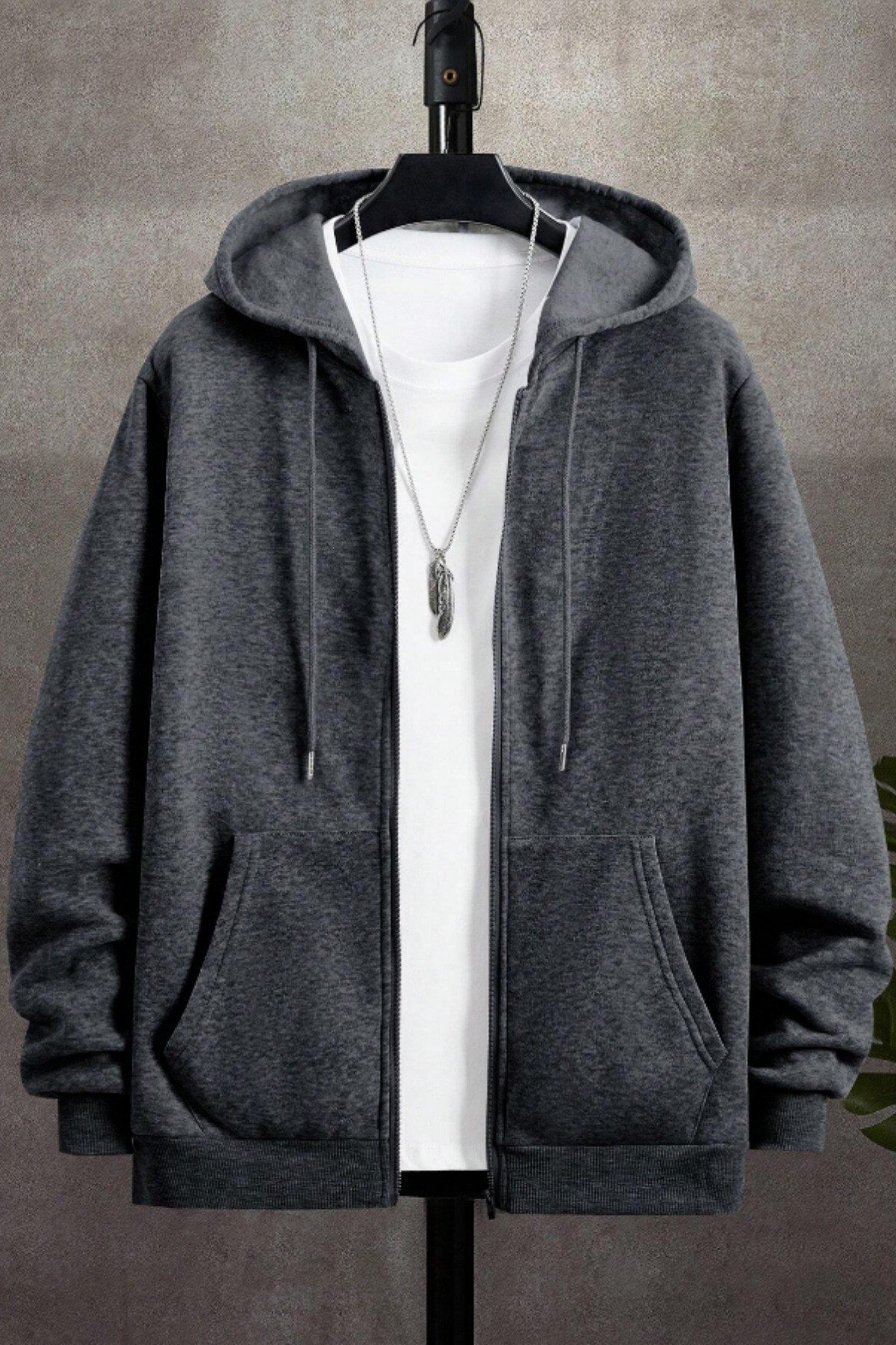 Tarz CoolSweatshirtKPSWT0025R04Unisex Relax Fit Rahat Kesim Pamuklu İçi Polarlı Çift Cepli Fermuarlı Kapüşonlu Sweatshirt