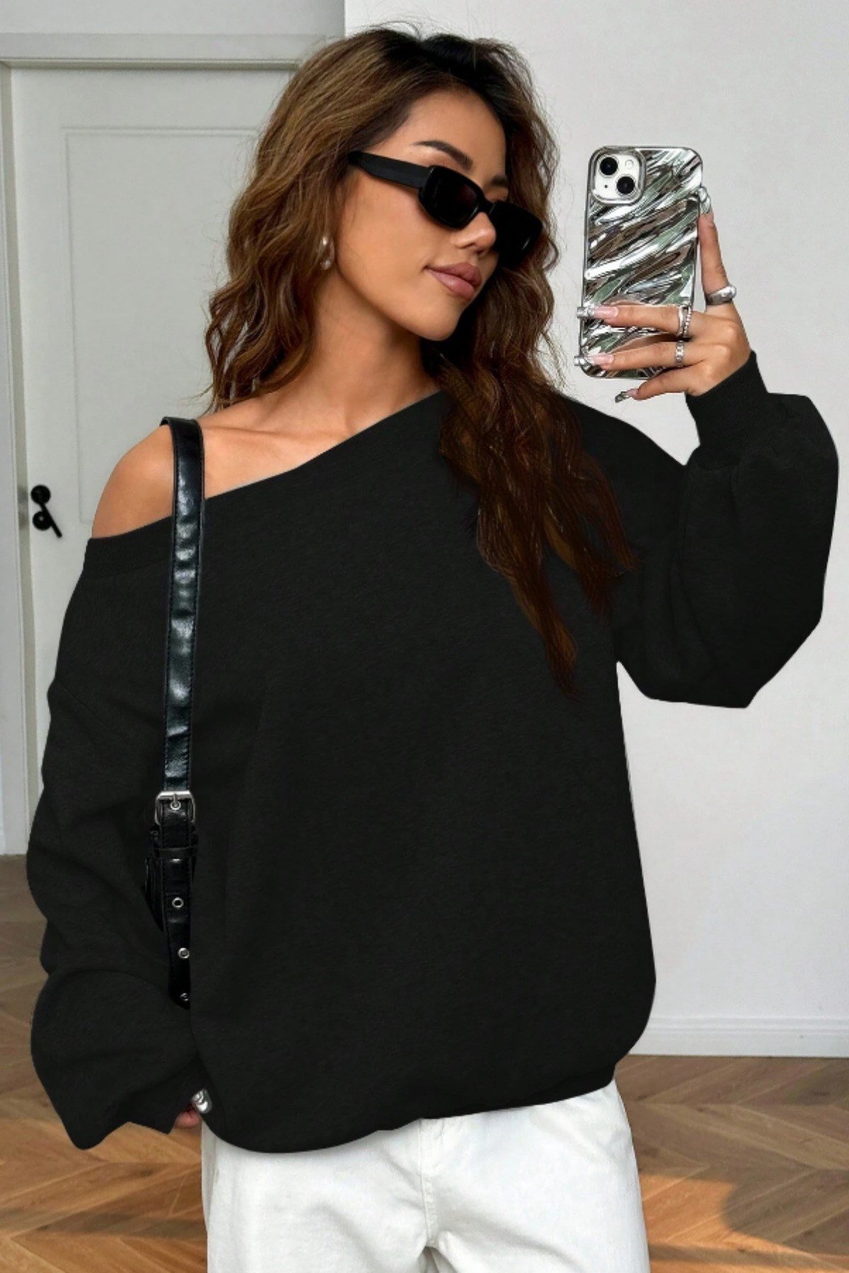 Tarz CoolSweatshirtKYKOSWT025R01Kadın Kayık Yaka 3 İplik Şardonlu Oversize Sweatshirt