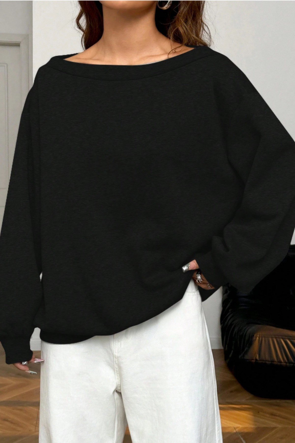 Tarz CoolSweatshirtKYKOSWT025R01Kadın Kayık Yaka 3 İplik Şardonlu Oversize Sweatshirt
