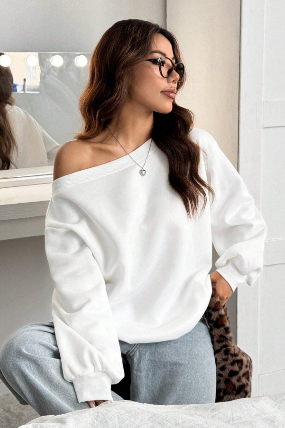 Tarz CoolSweatshirtKYKOSWT025R01Kadın Kayık Yaka 3 İplik Şardonlu Oversize Sweatshirt