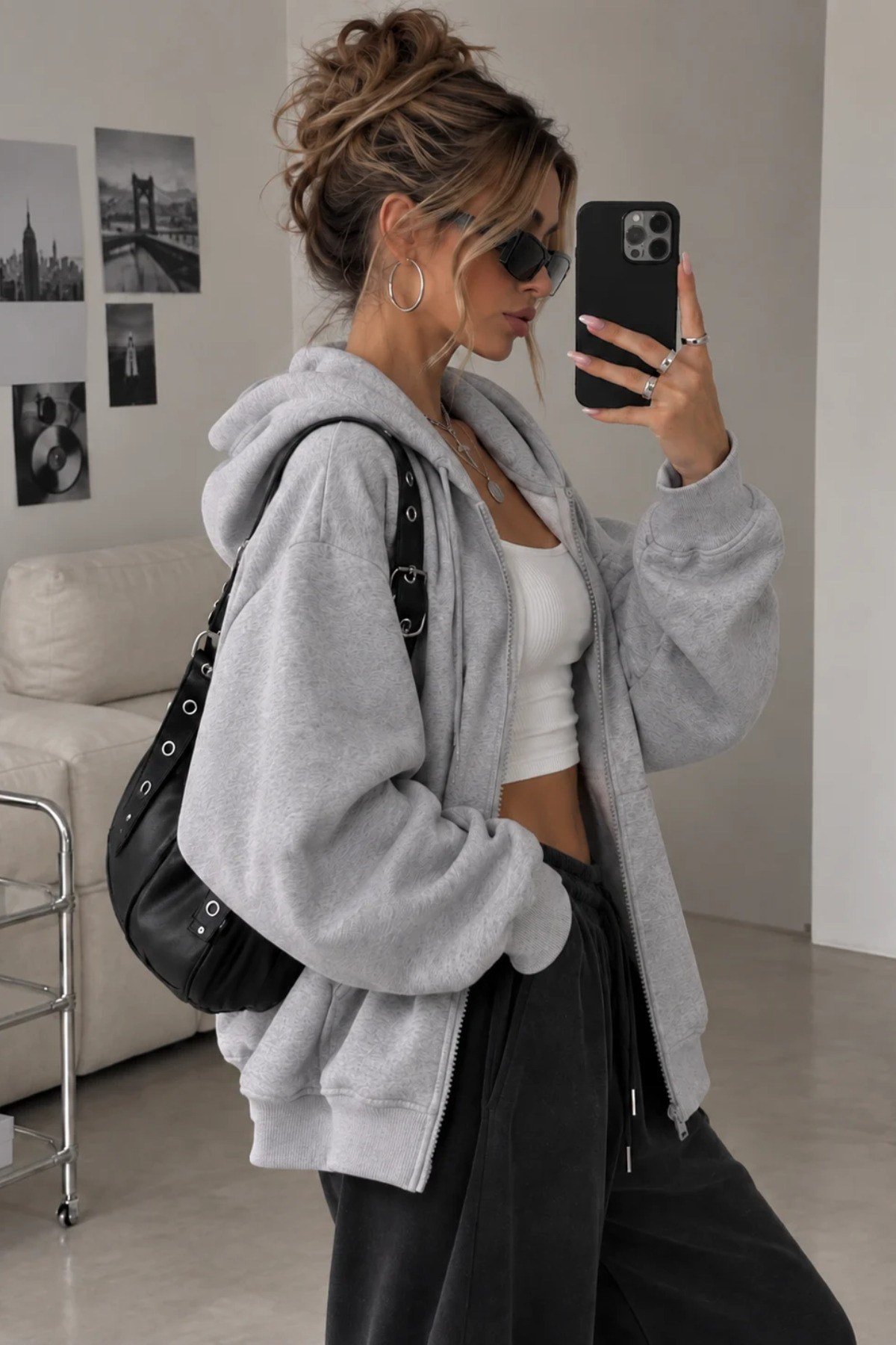 Tarz CoolSweatshirtSWTKPFRMS01GRXLKadın Oversize Kapüşonlu Fermuarlı Sweatshirt 3 İplik Şardonlu Cepli