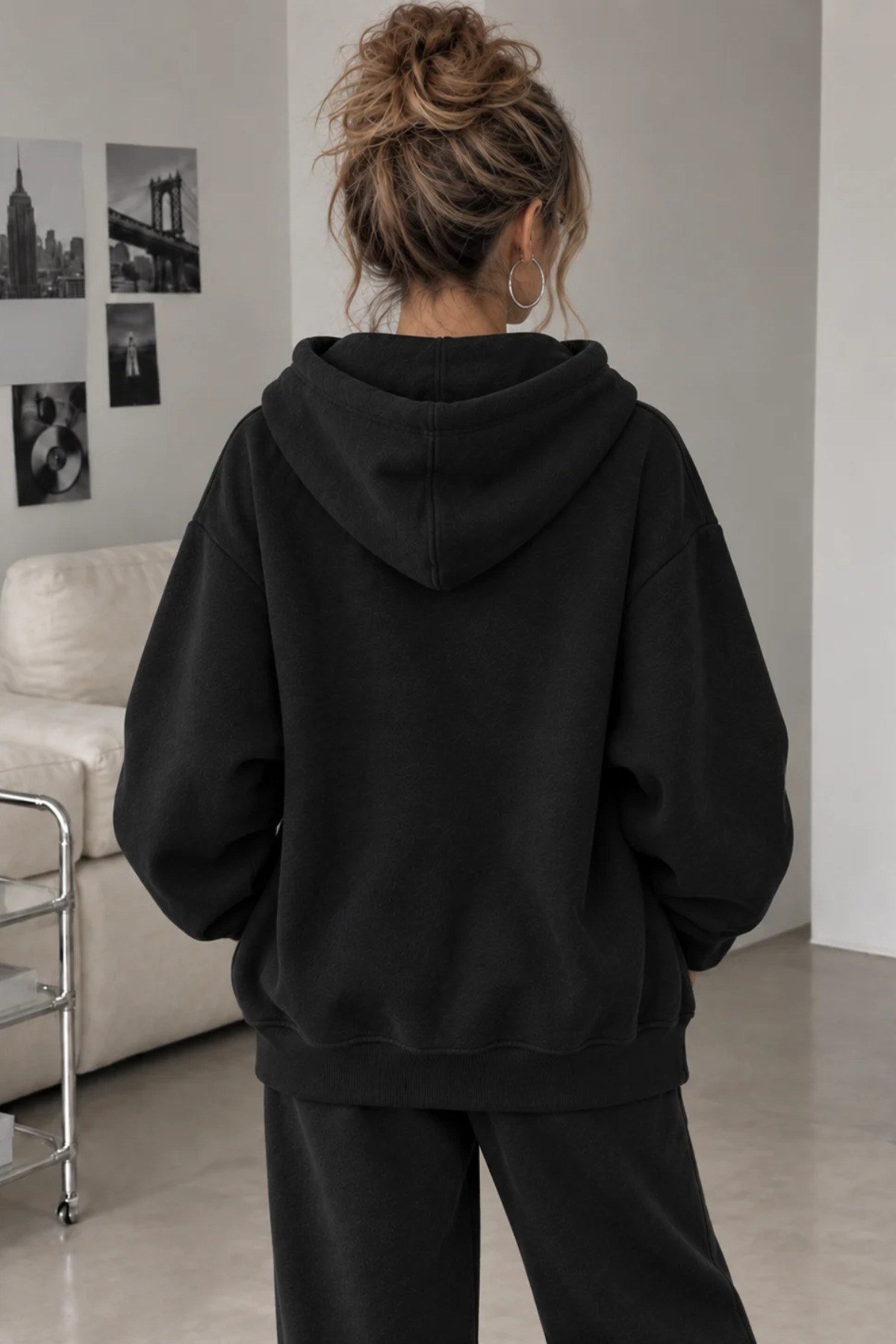 Tarz CoolSweatshirtSWTKPFRMS01GRXLKadın Oversize Kapüşonlu Fermuarlı Sweatshirt 3 İplik Şardonlu Cepli