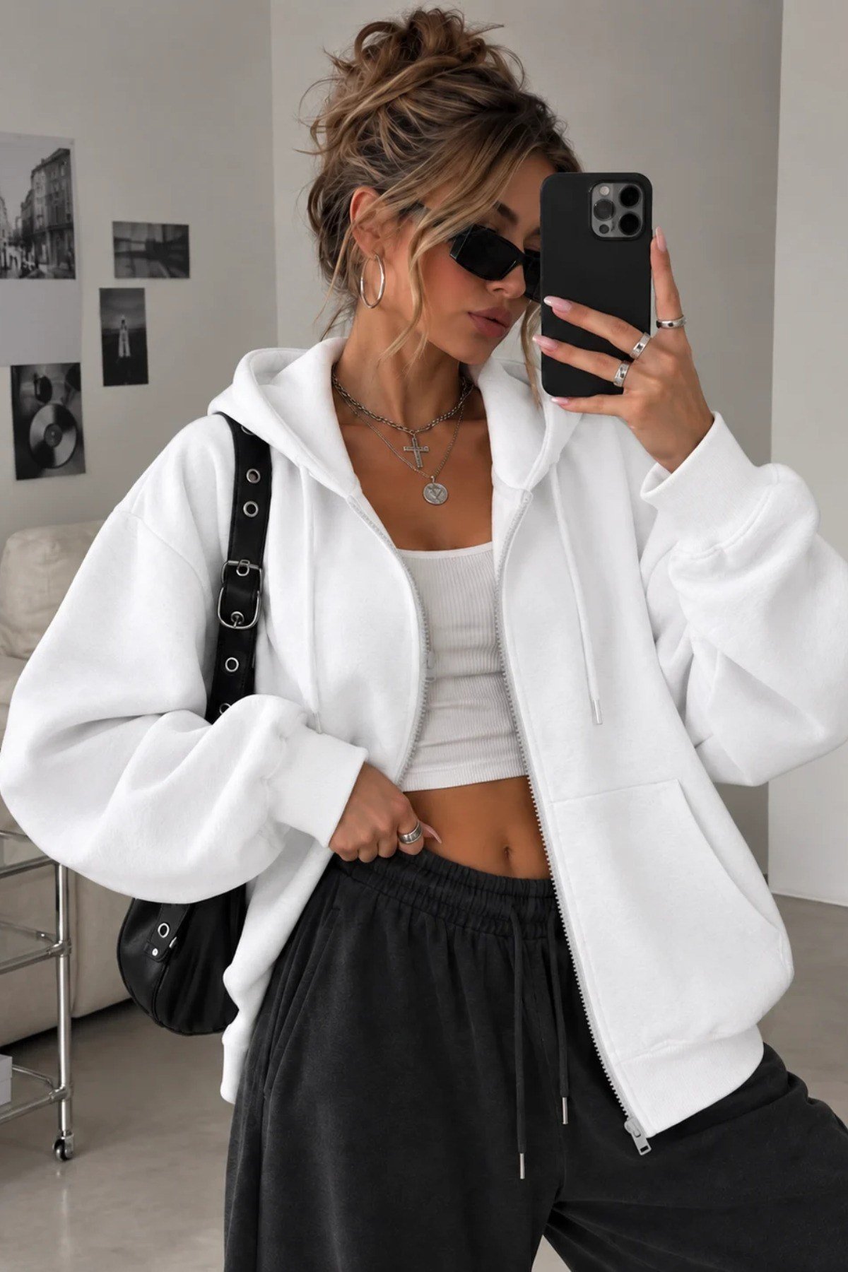 Tarz CoolSweatshirtSWTKPFRMS01GRXLKadın Oversize Kapüşonlu Fermuarlı Sweatshirt 3 İplik Şardonlu Cepli