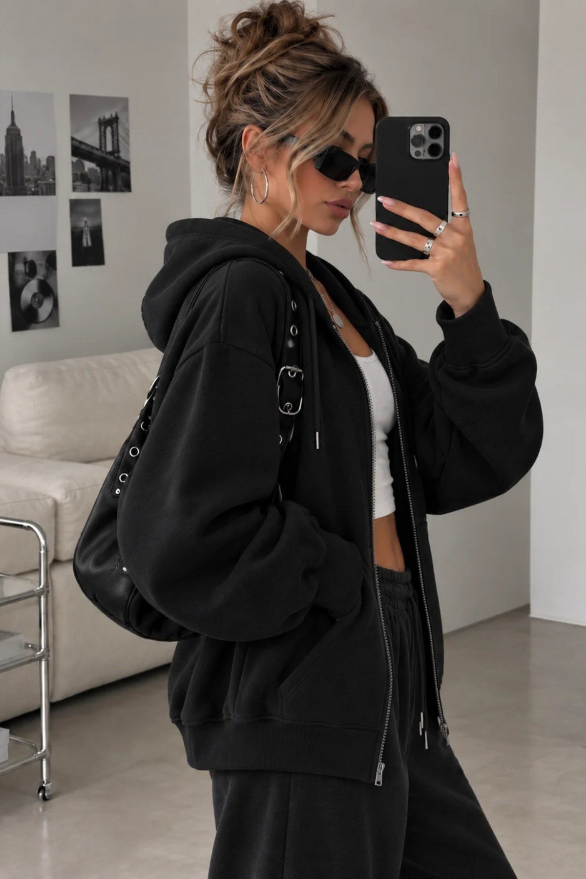 Tarz CoolSweatshirtSWTKPFRMS01GRXLKadın Oversize Kapüşonlu Fermuarlı Sweatshirt 3 İplik Şardonlu Cepli